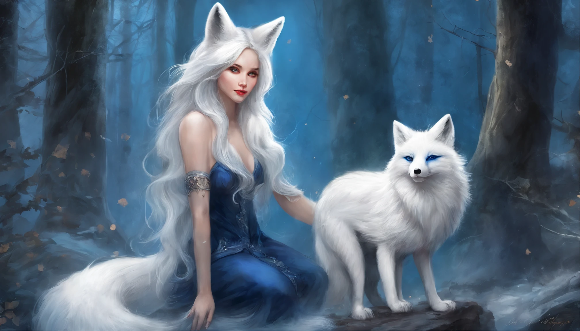 (Next to the anime girl with white fur fox ears before the full moon is a huge white nine-tailed fox:1.5), fantasy fox love, White-haired fox, white fox anime, Anime fantasy illustration,(dark forest background，Blue transparent smoke surrounds:1.8), art of silverfox,Best quality, Masterpiece, 超高分辨率, (photograph realistic:1.4), ultra-realistic realism, Dream-like,fusionart, Shadowdancer, shadow magic, Darkness, stealth, shadowstep, umbral spells,