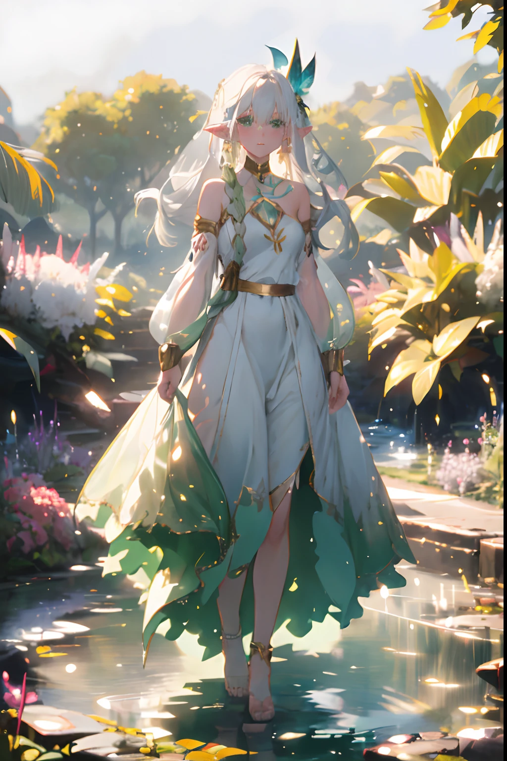 rukkhadevata, elf ears, white hair, very long hair, wavy hair, hair ornament, ahoge, green eyes, medium breast, chest tattoo, gold choker, white dress, golden belt, wide sleeves, detached sleeves, gold trim, hair ornament, outside in a white gazebo, lots of flowers, plants, butterflies, sparkles, iridescent light, sunny day