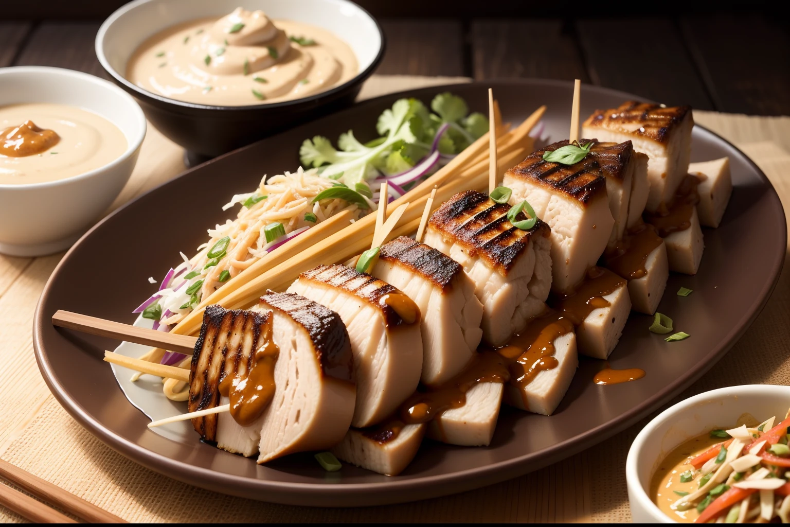 Almond butter chicken satay with Asian slaw, humble chicken thigh is chargrilled and slathered in a creamy, rich satay sauce