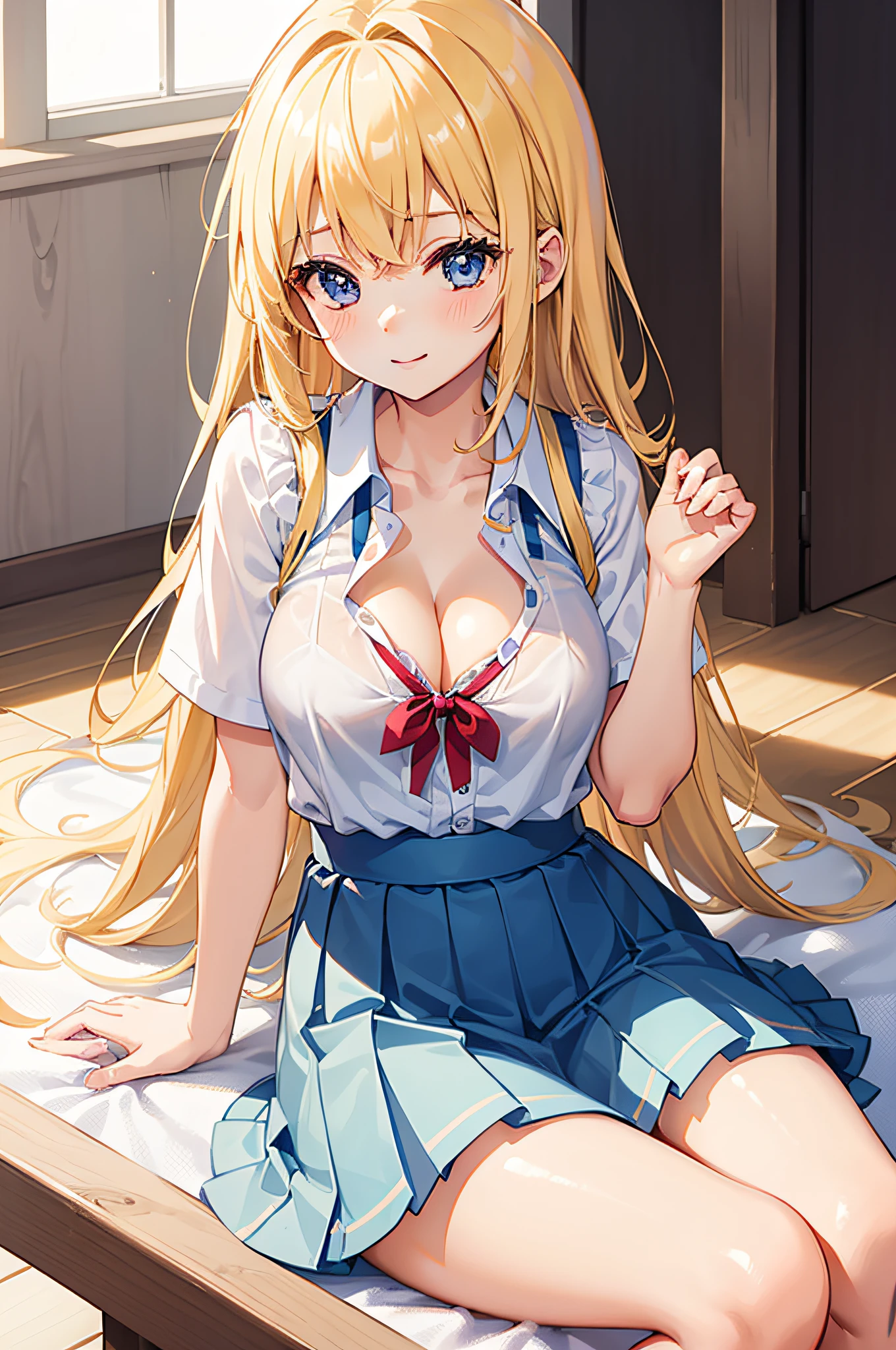 1 girl in、Cute Beautiful Girl、((Schoolgirl Uniform))、((summer clothing))、The blouse is unbuttoned、White blouses、shortsleeves、lightly dressed、Thin fabric clothes、Navy blue micro mini skirt、(((show off cleavage)))、((Colossal tits))、seductiv、Little Goddess、Young Face、detailed thigh、top-quality、photos realistic、(15 year old)、(sitting on)、lightsmile、a blond