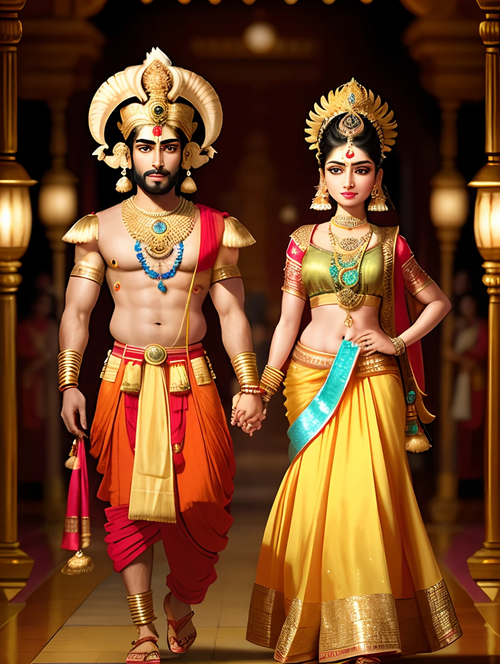 An extremely beautiful Indian god ram and Sita , wearing a rich Indian clothing and rich jewelry, in a golden Indian temple, pixar artstyle, emotional eyes, enigmatic smile, cinematic rim light, very feminine figure, dynamic juxtaposition, young beautiful couple, very high quality face, exploitable image, face neck shoulders, beautiful very feminine woman, stylized dynamic folds, serene woman, Pixar artstyle