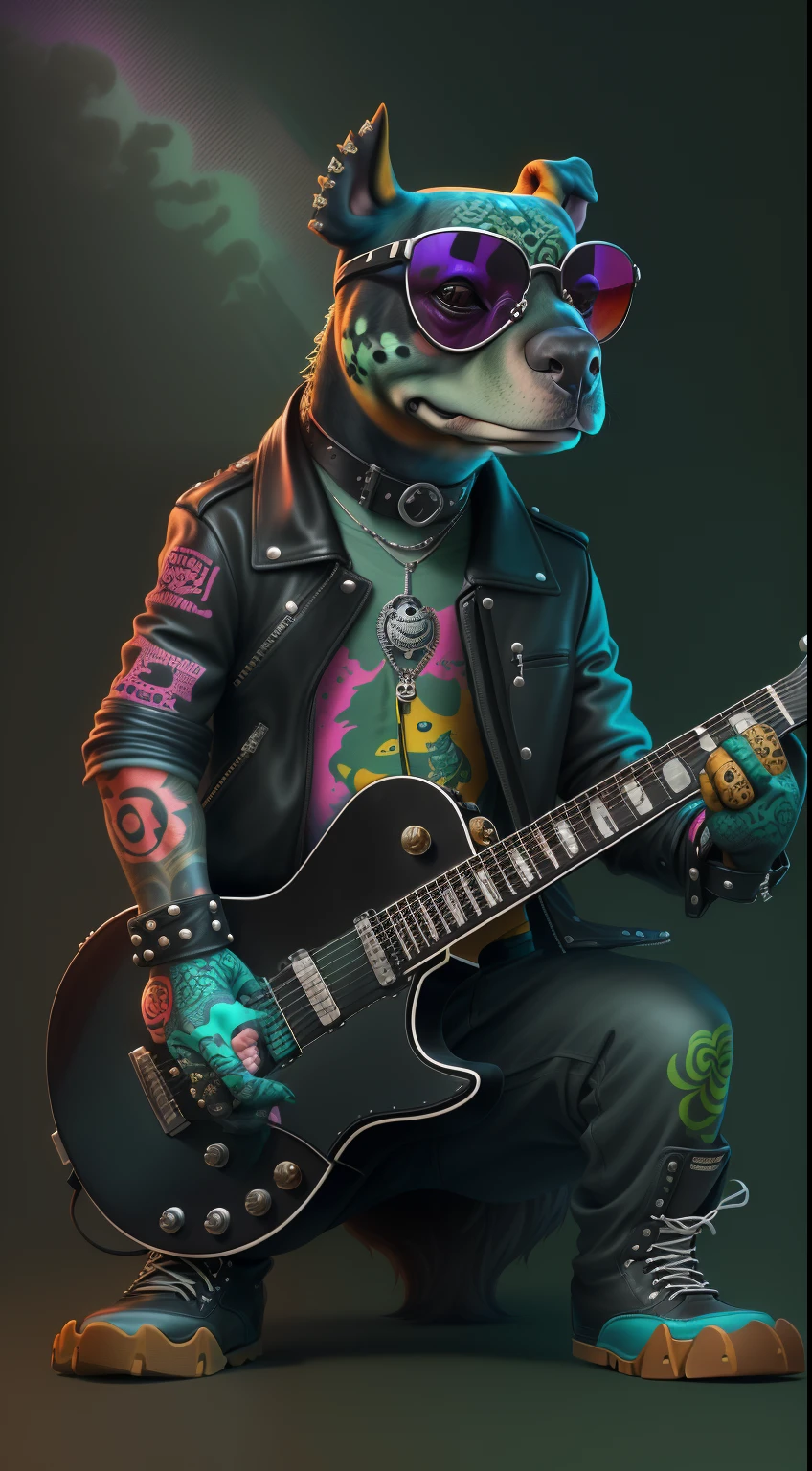 (1 dog （anthropomorphic turtle，））wearing a choker，with tattoos, sunglasses, Black leather jacket,（black glove)，holding guitars，Psychedelic punk artist