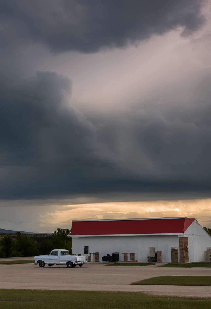 Down Rt. 66 Before the Great Storm, Nostalgic, Annual lighting display, cumulonimbus clouds, voluminetric lighting, Big sky