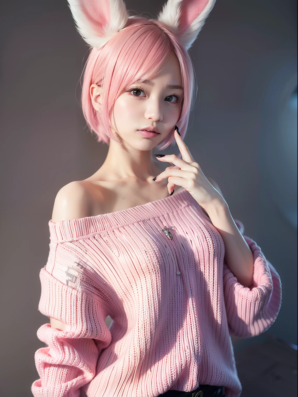 Wearing a pink knitted sweater、Pink hair、shoulders protruding from a knitted sweater,,,,、Realistic rabbit ears、rabbit ears pink hair sticking out of the head,,,,,,、Bewitching atmosphere、Beautiful shaped hands、K-POP、Pink rabbit ears、1 girl in、独奏、​masterpiece、top-quality、realisitic、Hyper-detailing、(Glossy skin:1.4)、absurderes、short pink hair、Slender beauties、动态照明、hight resolution、foco nítido、depth of fields、(thick thight:1.0)、A slender :1.2、((Short-cut bob hair))、((k pop:1.3))、Highly detailed facial and skin texture、((魅惑的))、Anatomically correct number of fingers、Correct anatomy、Angle from below