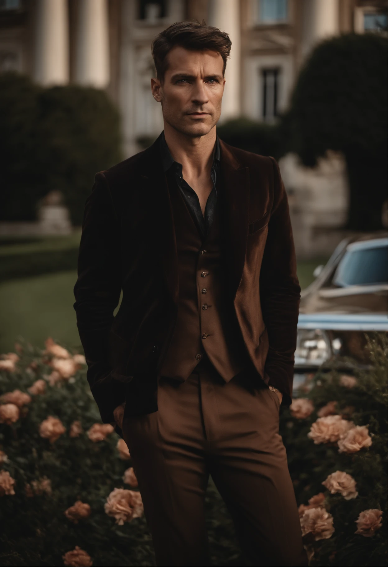 corps entier, wide-angle photo close-up portrait of the body of a handsome man , Grand et en forme, (40 ans:1.1), (shaven:1.2) , (very short brown hair:1.5),(very short hair:1.6). Dark brown tight velvet suit, (La veste a des motifs de fleurs noires:1.2). (posing outside the mansion with a luxury car:1.1), crowded street with cafes in the distance, Cold and dark sunset at dusk, (Edge Light:1.1),(Concentrez-vous sur les yeux), (angry look), (hard light on the skin:1.2), (ombres dures, dark themed, Contraste profond:1.1), (photographie de portrait par Annie Liebovitz), Dark mint theme and choral aesthetics, (skin imperfections)