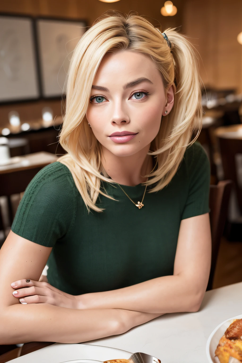 Margot Robbie, (8k, 4k, best quality, highres, ultra high res:1.1), (masterpiece, realistic, photo-realistic:1.1), 1girl, twintails, blonde hair, green eyes, red lips, absurdly long hair, long eyelashes, eyeshadow, small face, big eyes, pink glasses, bare shoulders, smiling, teeth, high contrast, posing in restaurant, far away angle