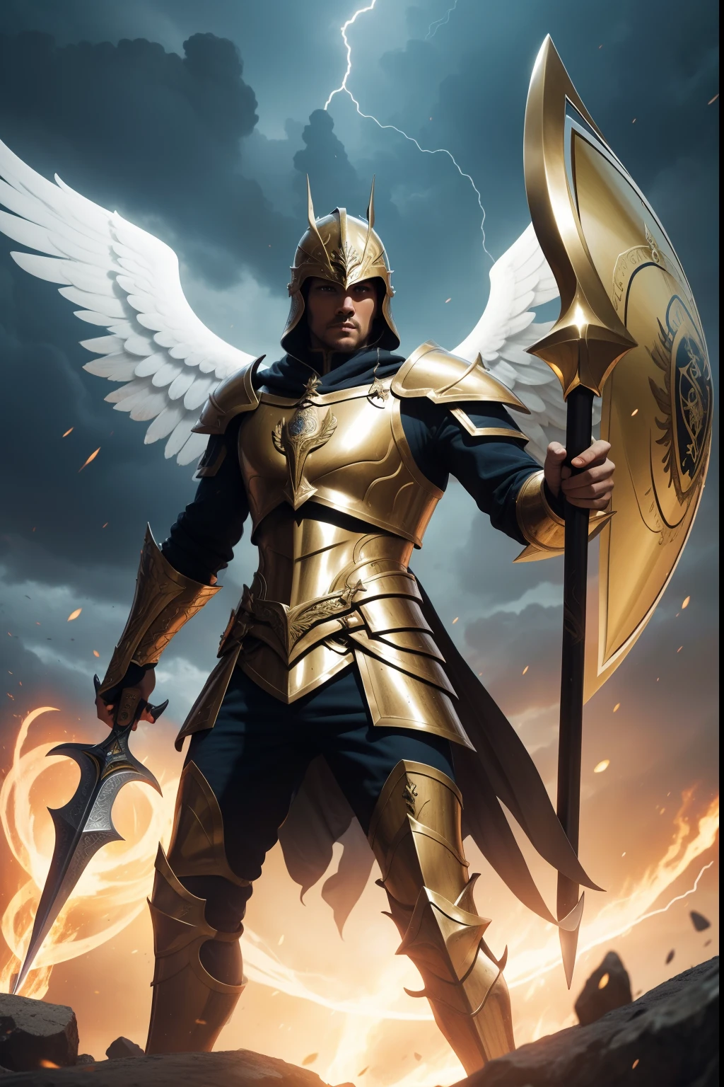Un angel varon fuerte, con armadura dorada de fuego, shield, espada y escudo, armadura romana de oro, en medio de una tormenta, con una gran espada y escudo, epic pose, cuerpo entero, tormenta de fondo, rayos y truenos