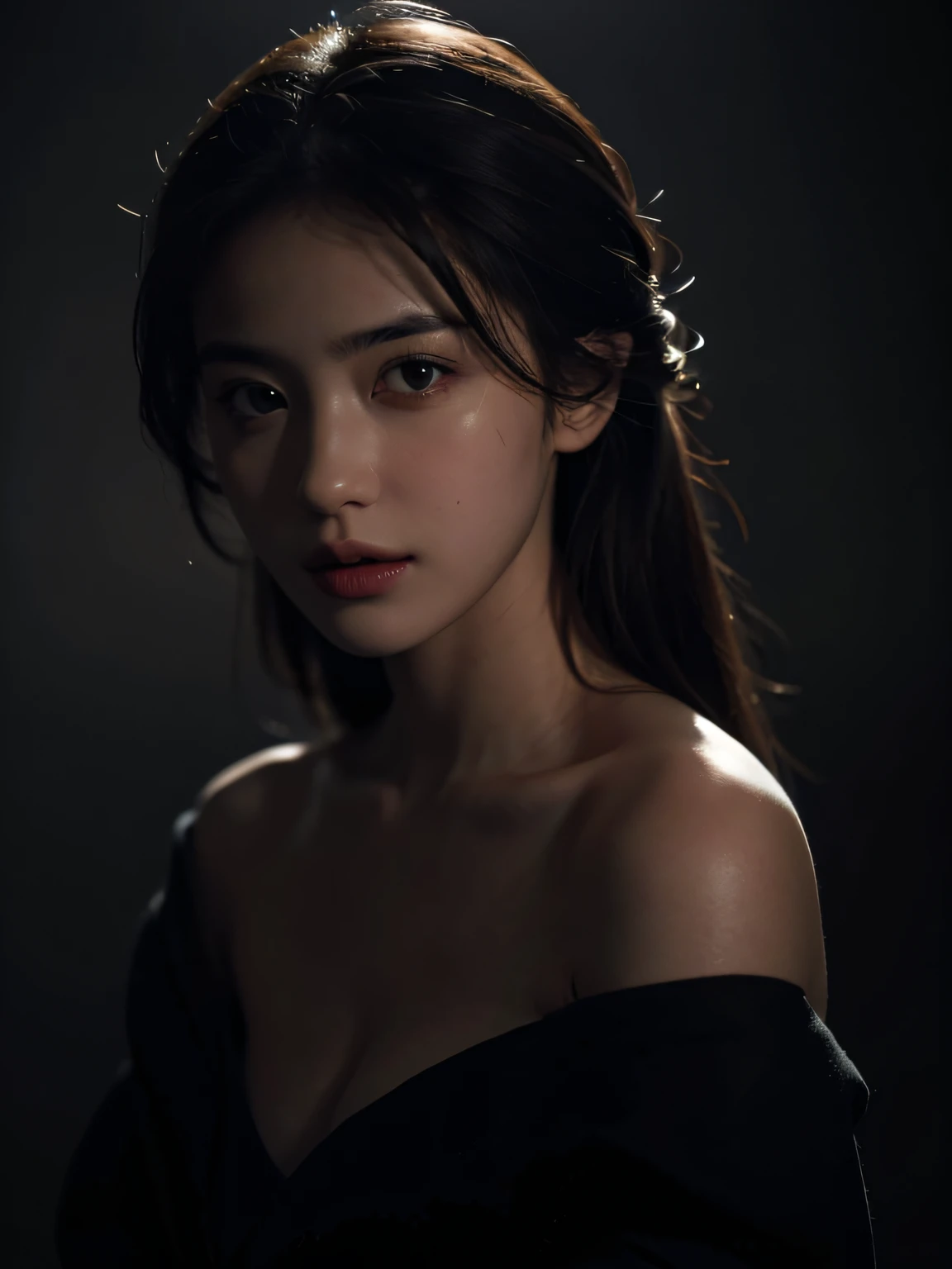 Best Quality, masutepiece, 超A high resolution, (Photorealistic:1.5), Raw photo, 1girl in, off shoulders, In the Dark, deepshadow, lowkey, cold light, Sexy look, Short hair, (masutepiece:1.2), Textured skin, Super Detail, Best Quality, 8K, romanticism, Realism, movie studio lighting,  In the Dark, deepshadow, lowkey, cold light, Sexy look, Short hair, movie studio lighting