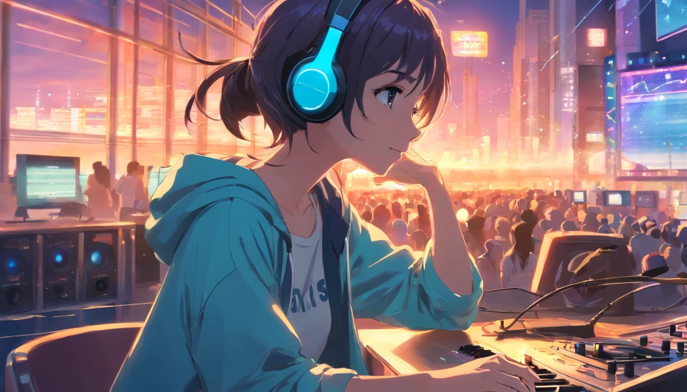 Girl listening to music with a headset,ela usa roupas americanas, chuva na janela. wallpaper
