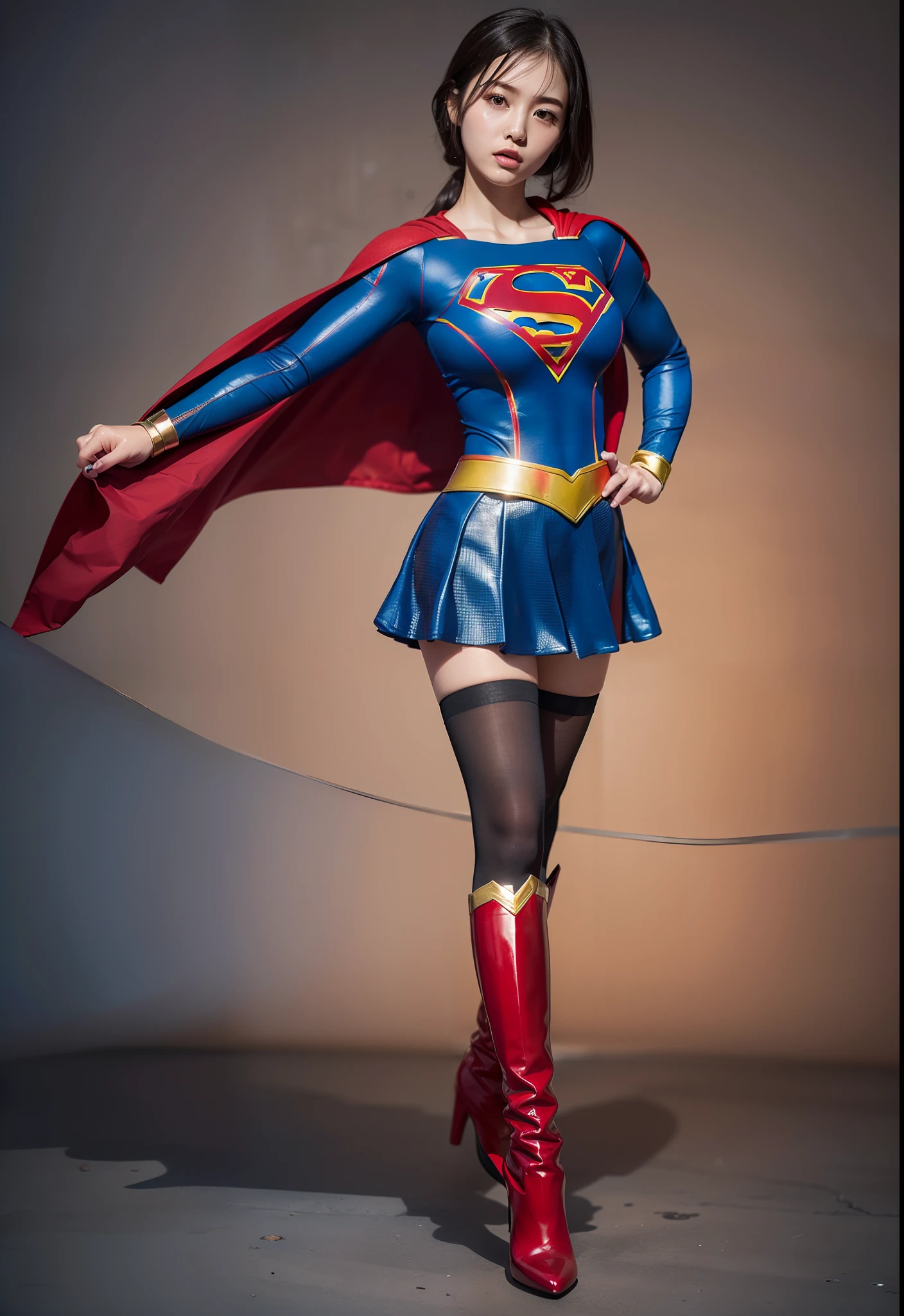 (((Make the most of the original image)))、(((Supergirl Costume)))、(((lustrous dark hair)))、(((Suffering)))、(((Feet must necessarily be worn with black tights)))、(((You need to wear red boots)))、((Top image quality、8K))、((top-quality、8K、masterpiece:1.3))、Crisp focus:1.2、Beautiful woman with perfect body shape:1.4、Slender Abs:1.2、((layers-Cut、large boob:1.2))、a wet body:1.5、Highly detailed facial and skin texture、
