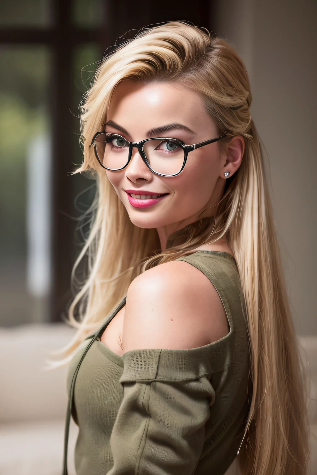 Margot Robbie, (8k, 4k, best quality, highres, ultra high res:1.1), (masterpiece, realistic, photo-realistic:1.1), 1girl, twintails, blonde hair, green eyes, red lips, absurdly long hair, long eyelashes, eyeshadow, small face, big eyes, pink glasses, bare shoulders, smiling, teeth, high contrast, in army uniform