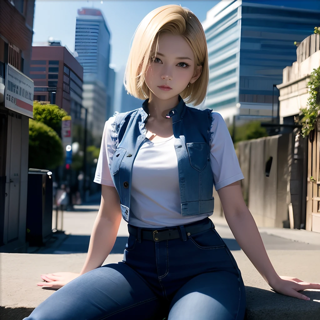 Martial Arts Champion、2３age、1womanl、Android 18、独奏、blonde  hair、((Blue eyes))、short-hair、耳Nipple Ring、jewely、Denim Vest、open vest、White shirt、Blue jeans、long trousers、Open Best、Black vest、(Ruins:1.3)、Sitting、deadpan、Hu Sitting、Cowboy Shots, Street,((Futuristic city background street))、8K、Ulutra HD、Sharp lines、top-quality、hight resolution、