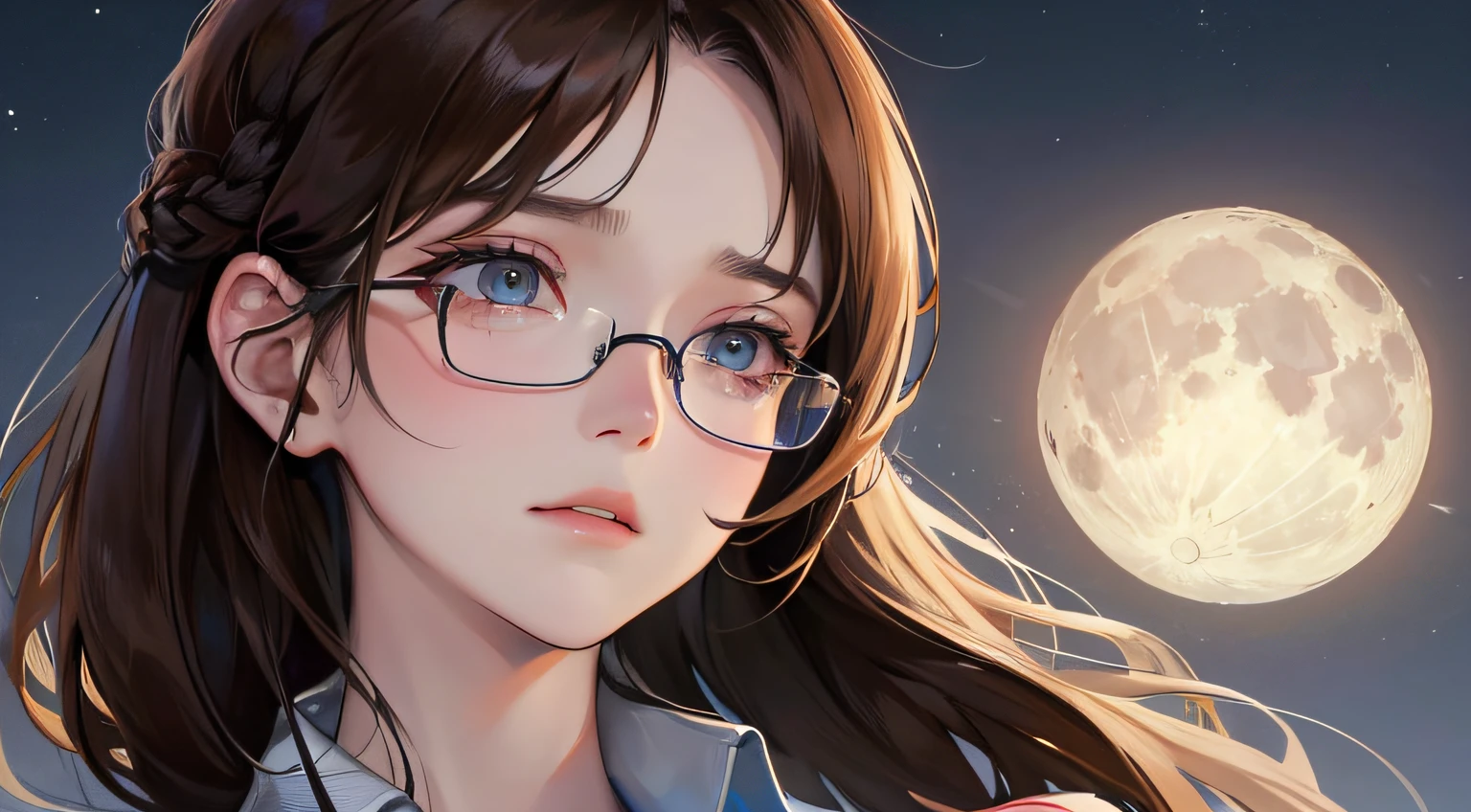 ((Moon Night))、(((1人の女性)))、(Top resolution、Distinct_image) best qualtiy、​masterpiece、ighly detailed、Semi-realistic、Brown hair、eye glass、Braided hairstyle、((sad Facial expression))、bangss、21 years old、Mature、年轻、Open outdoors、Blue shirt、delicated facial features、Facial features、mid-shot