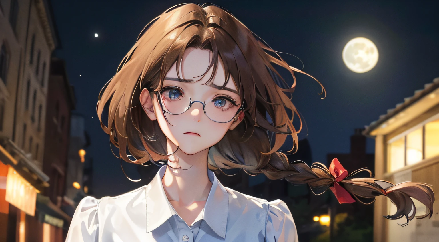 ((Moon Night))、(((1人の女性)))、(Top resolution、Distinct_image) best qualtiy、masterpiece、ighly detailed、Semi-realistic、Brown hair、eye glass、Braided hairstyle、((sad Facial expression))、bangss、21 years old、Mature、年轻、Open outdoors、Blue shirt、delicated facial features、Facial features、mid-shot