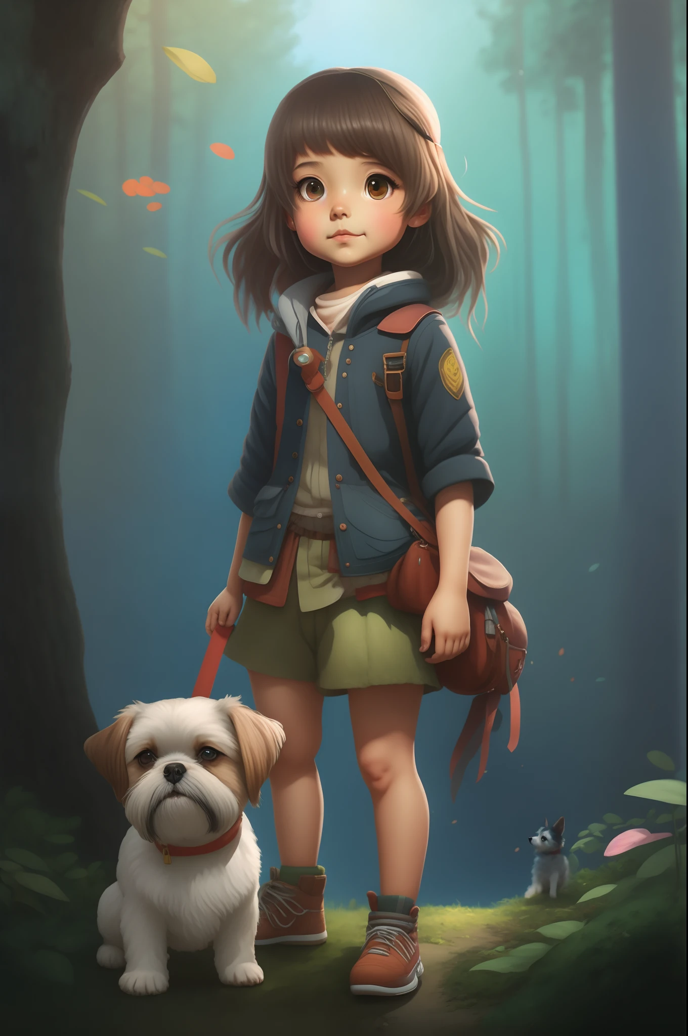 Cartoon girl with a dog in a forest, Arte infantil em Artstation, painting digital adorable, explorador feminino mini bonito, arte digital detalhada bonito, pintura realista da meninao, aventura render hiper realista, Fantasia pintura fosca,fofo, Retrato de um aventureiro, feito com anime painter studio, retrato de personagem de corpo inteiro, arte detalhada do personagem, retrato da arte do personagem, arte oficial do personagem