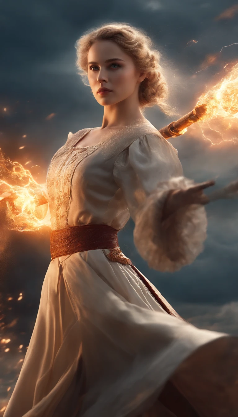 On the battlefield of the storm, A woman dressed in a ta costume wields a weapon infused with the power of the fire element.( Lightning danced beside her), Echoing the strength of her determination,Because she embodies the power of the forces of nature in battle.offcial art, 8k wallpaper, Ultra detailed, Beautiful and aesthetic, Beautiful, Masterpiece, Best quality,(Focus on thighs up),Clear face,Eyes detailed,(Wind,Fluttering strands of hair,Flowing skirt),