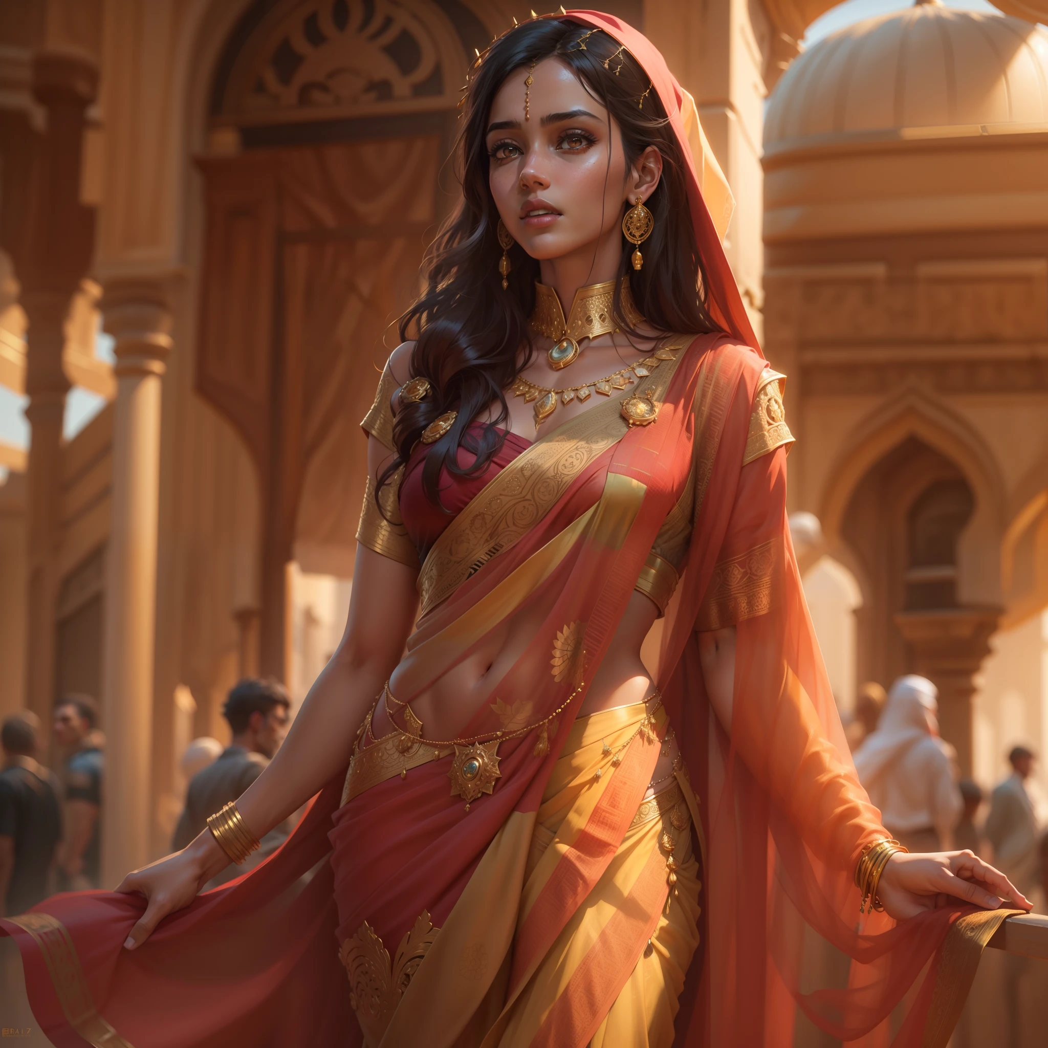 whole body, ultra high res, one Arabic girl solo, golden, skinny, brown skin, fancy saree, by Greg rutkowski, on trending of artstation(ulzzang-6500:1.0), (style-keta:0.8), (photorealistic:1.4), best quality