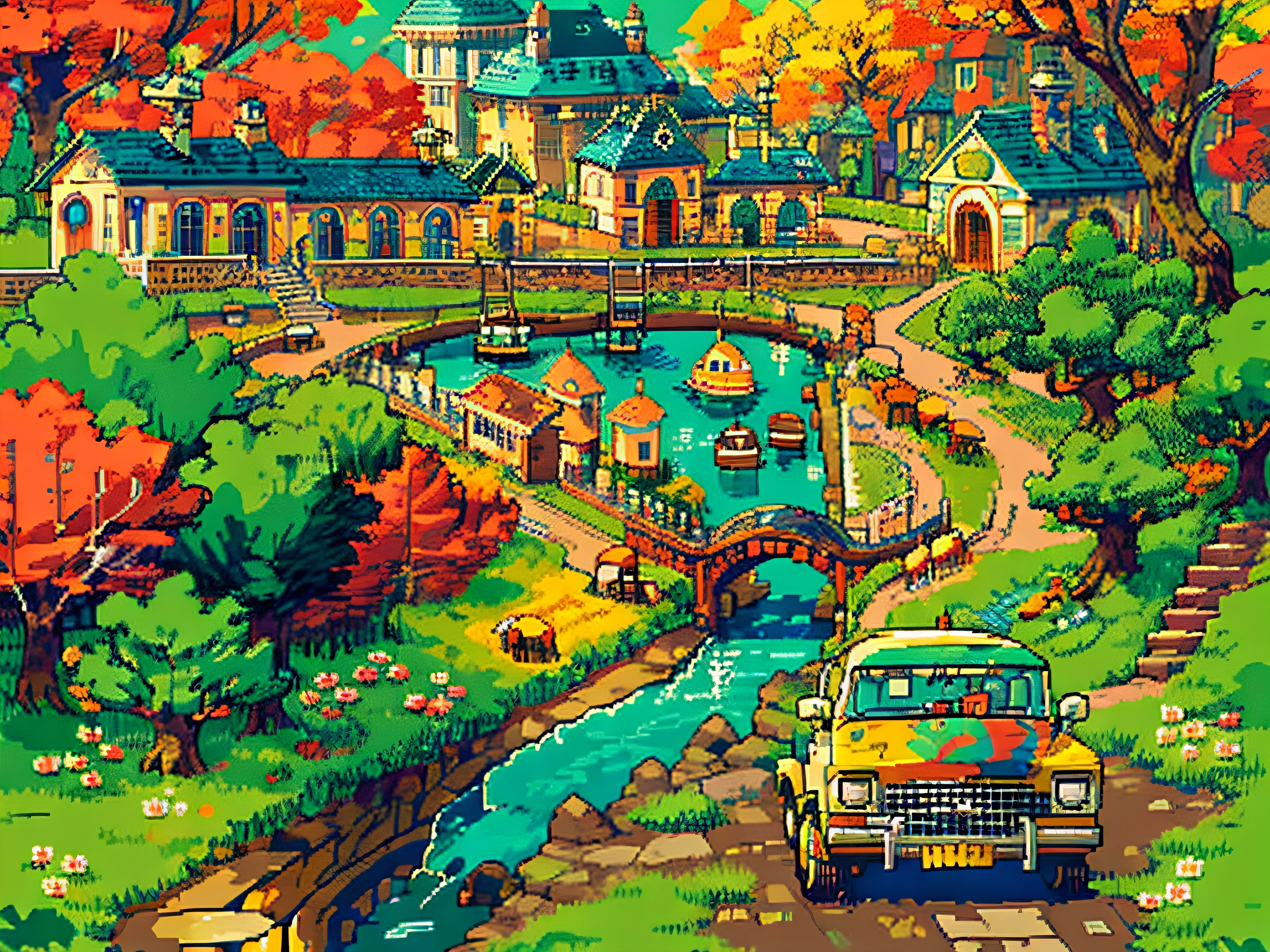 best quality, high-resolution pixel art of a bustling and vibrant town map from the beloved video game "Mother 2". The map showcases intricate details of the town's layout, including winding roads, bridges, and buildings. The art style is reminiscent of classic 16-bit pixel art, with sharp focus and ultra-fine painting techniques. The colors are vivid and eye-catching, with a mix of bright and pastel tones that bring the map to life. The lighting is warm and inviting, with soft sunlight streaming through the trees and casting gentle shadows. The scene is bathed in a nostalgic and whimsical atmosphere, capturing the essence of the game's unique charm. The map features a river flowing through the town, adding a dynamic element to the composition. The cars on the road are carefully detailed, with each pixel capturing the classic design of vintage vehicles. The use of dots and quarter view perspective adds depth and dimension to the map, allowing the viewer to immerse themselves in the vibrant world. Overall, this pixel art masterpiece is a true homage to the iconic game, showcasing the beauty and intricacy of its virtual world.
