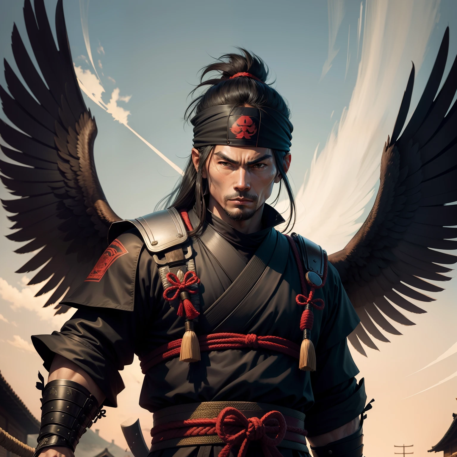 Samurai ninja killer in the village holding an eagle