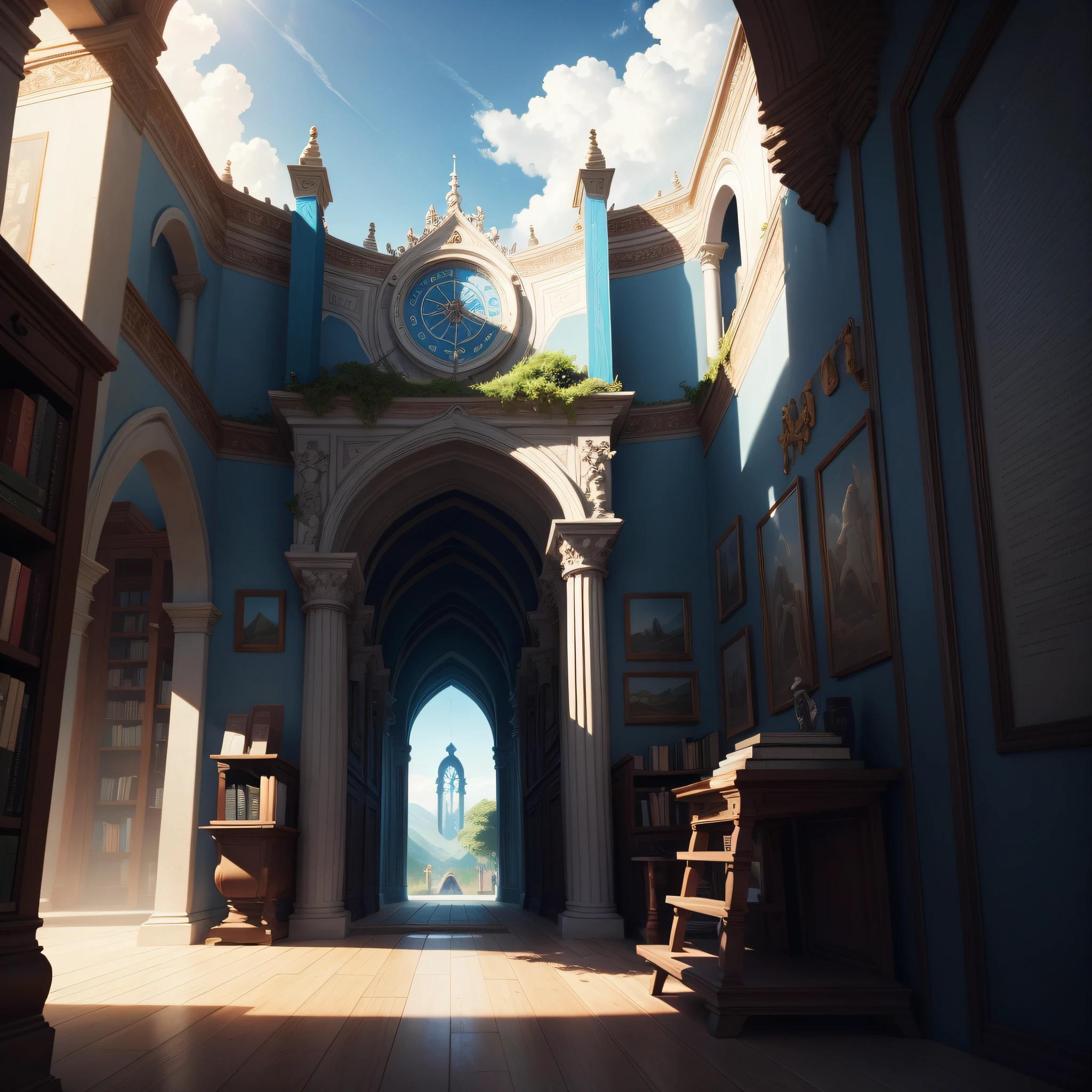 A sanctuary with a book in the middle and blue sky around with beautiful scenery