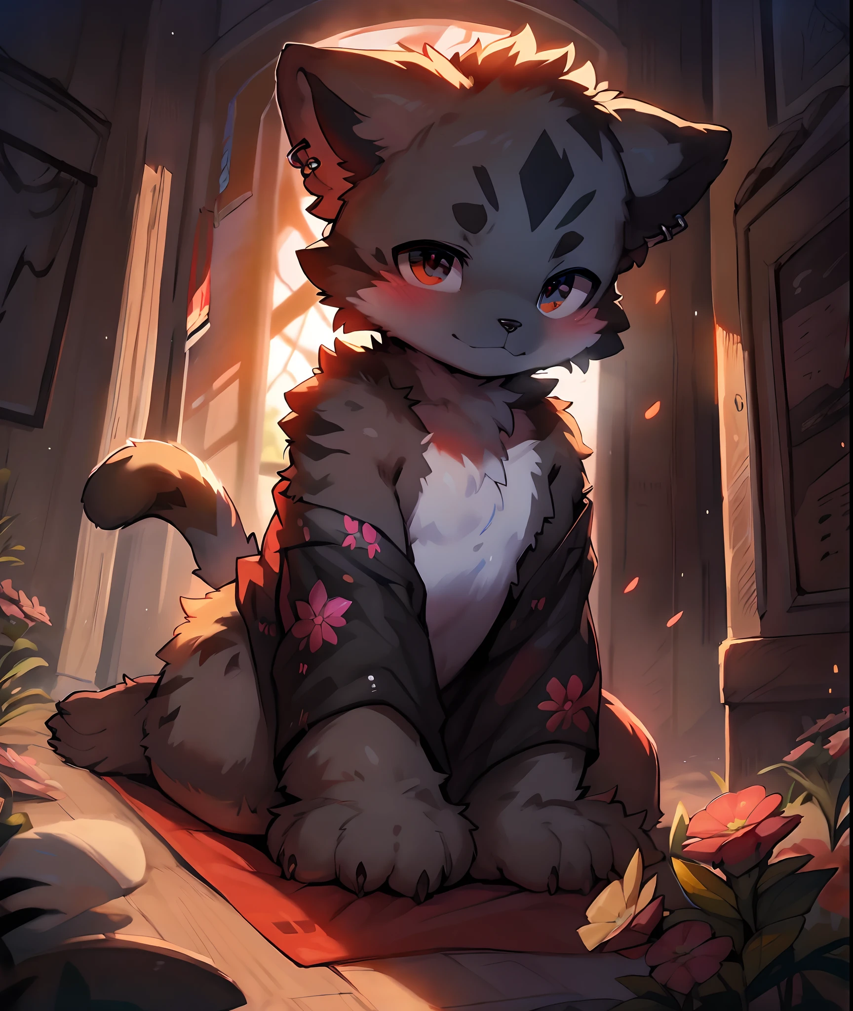 e621,anthro,mammal,feral,Anatomically correct,Digital drawing \(artwork of a\),(Detailed,the wallpaper,Super ridiculous nothing,hi,It's nothing,absurd res:1.2),(Detailed face,Detailed eyes,Realistic fur,Detailed fur).
break
SF,Masterpiece,Ultra-detailed,Best quality,High quality,Photorealistic,。.3D,8K,illustration,CG,Unreal Engine 5,art stations,offcial art,voluminetric lighting,Best shadows,Depth of field,Particles of Light,Cinematic lighting,wind lift,speed-line,Perfect anatomy.
break
A frivolous young man (nekomata:1.5) Cat Shota lying on the mat, Surrounded by flowers and tulle. He has black fur, Two wagging tails, and piercings in his pointed ears. The cat cub wears a sheer silk robe decorated with floral motifs,Seductively hanging down the shoulders, Show off his slender figure. He gazed up coquettishly through his long eyelashes, His pink lips curved into a faint smile. Delicate cigarettes curled around him in the sunlight shining in from the curtains.
break
indoors,inside,(Detailed background,amazing background:1.2).
Break
(author:Michael Garmash, by Pino Daeni, author:ruanjia, by Hioshiru, By Syuro, by Dagasi, by Zackary911, author:PGM300).