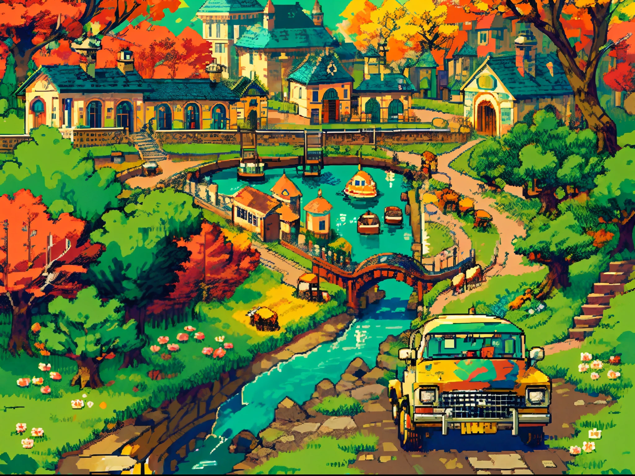 best quality, high-resolution pixel art of a bustling and vibrant town map from the beloved video game "Mother 2". The map showcases intricate details of the town's layout, including winding roads, bridges, and buildings. The art style is reminiscent of classic 16-bit pixel art, with sharp focus and ultra-fine painting techniques. The colors are vivid and eye-catching, with a mix of bright and pastel tones that bring the map to life. The lighting is warm and inviting, with soft sunlight streaming through the trees and casting gentle shadows. The scene is bathed in a nostalgic and whimsical atmosphere, capturing the essence of the game's unique charm. The map features a river flowing through the town, adding a dynamic element to the composition. The cars on the road are carefully detailed, with each pixel capturing the classic design of vintage vehicles. The use of dots and quarter view perspective adds depth and dimension to the map, allowing the viewer to immerse themselves in the vibrant world. Overall, this pixel art masterpiece is a true homage to the iconic game, showcasing the beauty and intricacy of its virtual world.