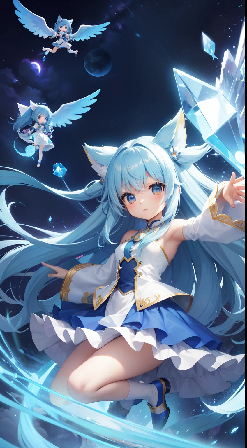 Chibichara、long hair with blue hair、Fluffy Dodge、girl with（(Chibi Chara))、Engaging pose、Blue and white costume、Fantasia、Luminous Crystal、Crystal jade、constellation、a moon、Fantastic background、masutepiece