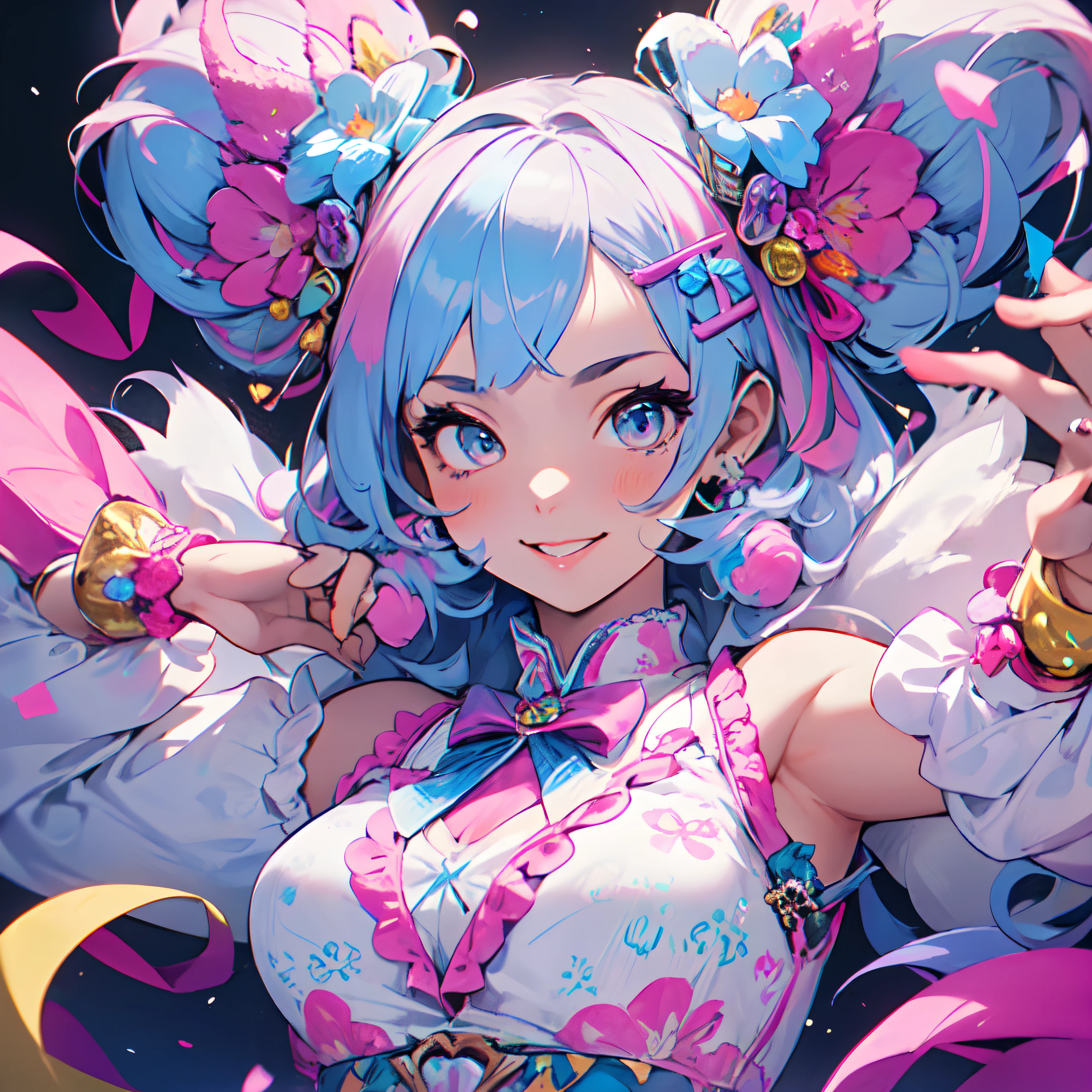 ((Jewelry crown)),Contemporary art born from traces of colorful gemstones、Princess Dresses、masterpiece、ultra-detailliert、pop-art、innocent smiles、eye glass、(1 girl, Solo:1.6),(Cute smile), (Best Impact:1.5), (maximalism:1.7), Vivid contrast, (Realistic), hyperrealistic illustrations, hight resolution, ultra-detailliert, absurderes,(Fractal Art:1.3), hairstyle、 hair color colorful、FULL BODYSHOT、Retro、Precise focus、randome pose、cinema4d、Drama, kawaii, cute, adorable woman with pink, yellow, and baby blue color scheme. She is dressed in sky-themed clothes made out of clouds and sky motifs. Her outfit is fluffy and soft, with decora accessories like hairclips. She embodies the vibrant and trendy Harajuku fashion style." horns, demon wings, big boobs,big ass, big lips, juicy lips, huge hair, smile, short hair with buns