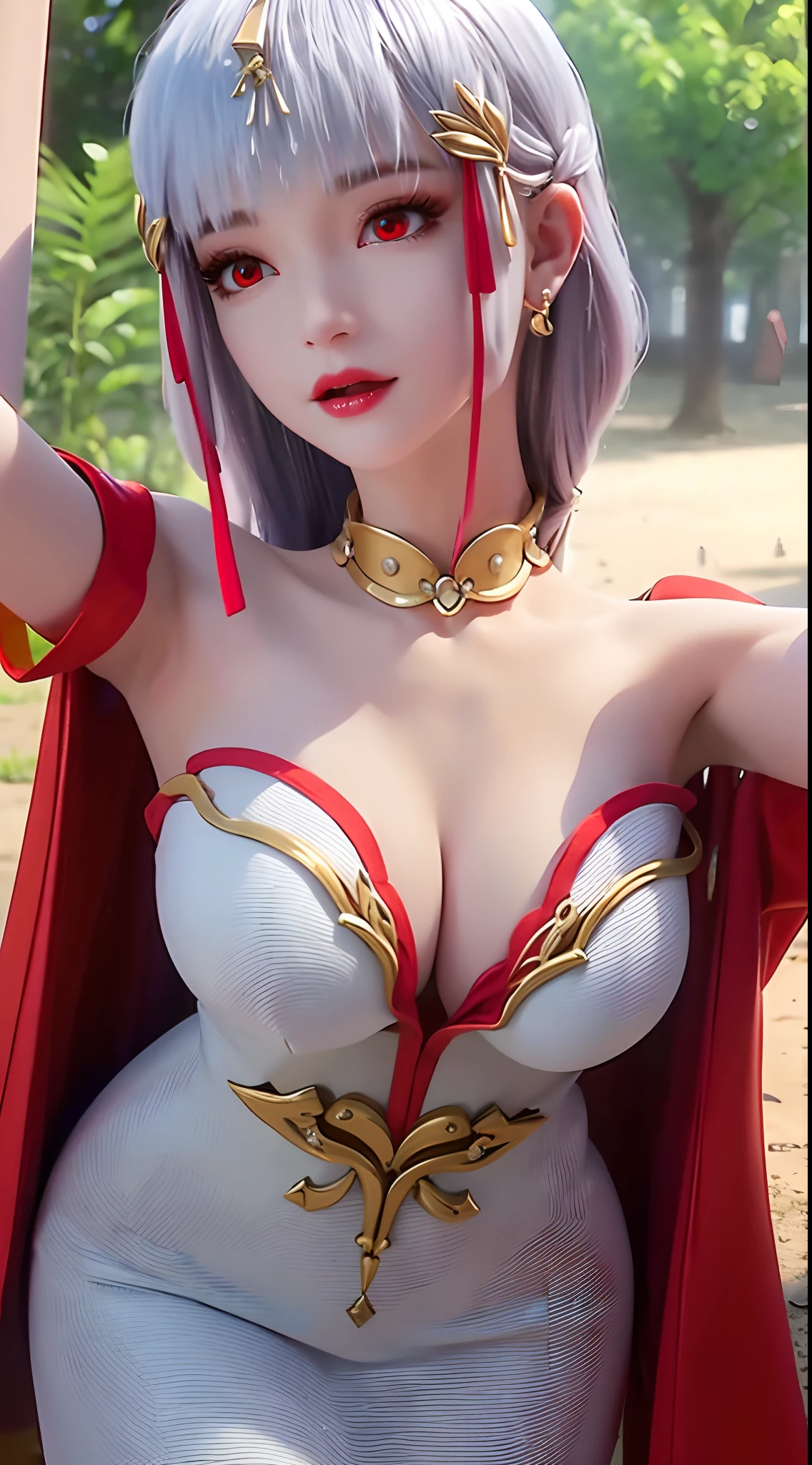 "A beautiful 20 year old young woman, (((sexy slim dress:1.6))), platinum hair color, the most beautiful and detailed hair jewelry, extremely round shape and face beautiful, thin eyebrows, most beautiful and perfect face, ((black eye pupils:0.8)), very beautiful eyes, ((red eyes:1.4)), eyelashes makeup and beautiful details, high nose, earrings, thin lips, red lips, ((closed mouth: 1.5)), beautiful lips, ((drops hands:1.5)), (((stretch:1.6))), smooth white skin, most beautiful thighs, ((arms spread out to the sides: 1.5)), strong arms and legs, rosy face, clean face, flawless beautiful face, smooth white skin, cleavage, ((big breasts:1.6)), ((very round breasts:1.3)), ((tight chest:1.2)), ((breast augmentation:1.5)), beautiful breasts, ((lower biceps: 1.5)), 8k photo quality, super high quality, super realistic, 10x super pixel, realistic photo, studio dark, rim light, two-tone light, (high detail skin: 1.2), ultra 8k, soft light, high quality, volumetric light, realistic, Photo, high resolution, light bright, best photo, 4k quality, Smooth and sharp, 10x pixels, (galaxy:1.7), aurora, lightning, surreal graphics, most realistic graphics, 1 girl, alone, solo, Super sharp, surreal images, close-up angle, frontal portrait,"