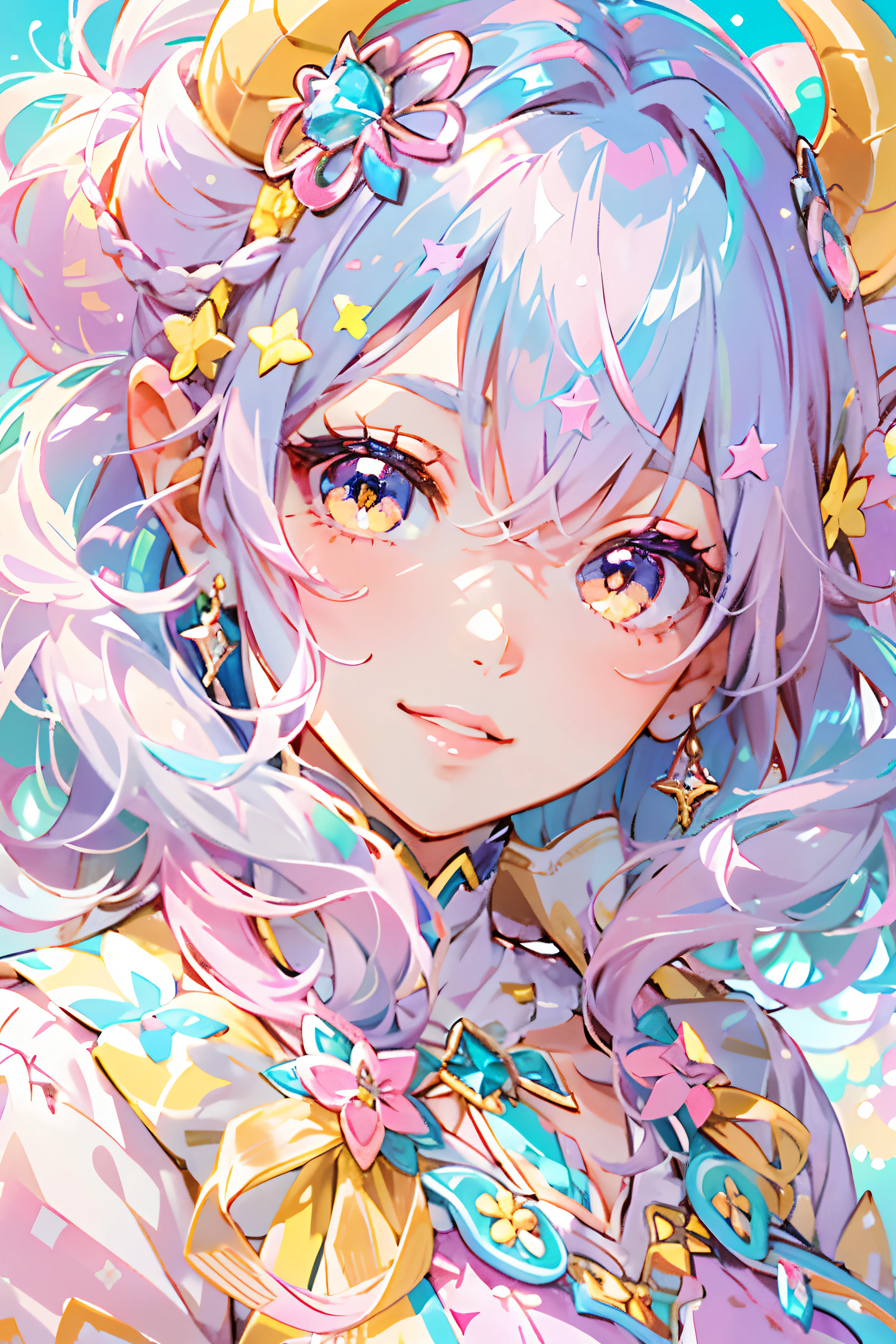 rainbow eyes,beautiful as a fairy,A melancholy expression that stirs affection,side face,floating hair,light particles,glare,vivid,fancy,dreamlike,a dim atomshpere, kawaii, cute, adorable woman with pink, yellow, and baby blue color scheme. She is dressed in sky-themed clothes made out of clouds and sky motifs. Her outfit is fluffy and soft, with decora accessories like hairclips. She embodies the vibrant and trendy Harajuku fashion style." horns, demon wings, big boobs,big ass, big lips, juicy lips, huge hair, smile, short hair with buns, yellow eyes