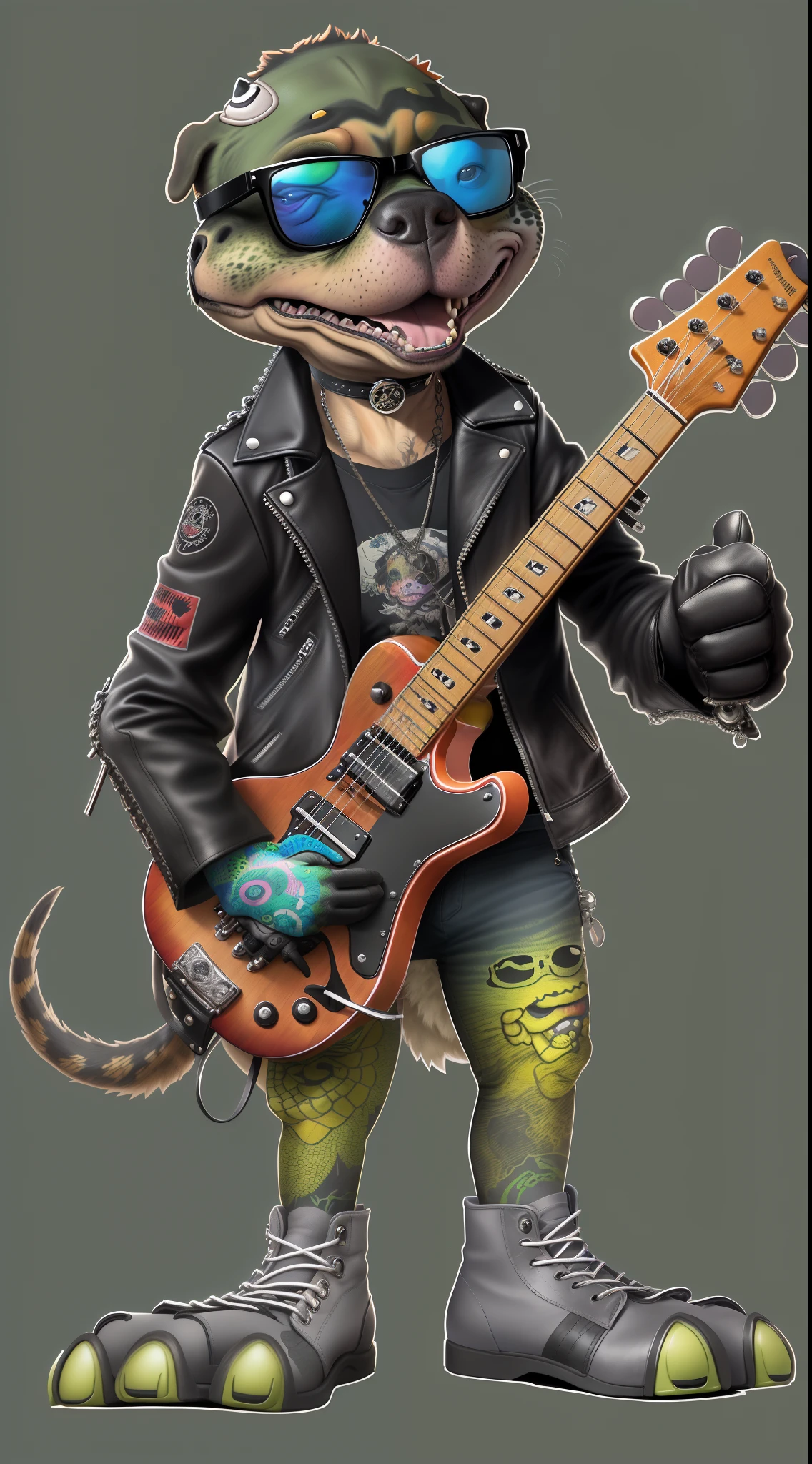 (1 dog (anthropomorphic turtle,))wearing a choker,with tattoos, sunglasses, Black leather jacket,(Wearing black gloves),guitar,Psychedelic punk artist