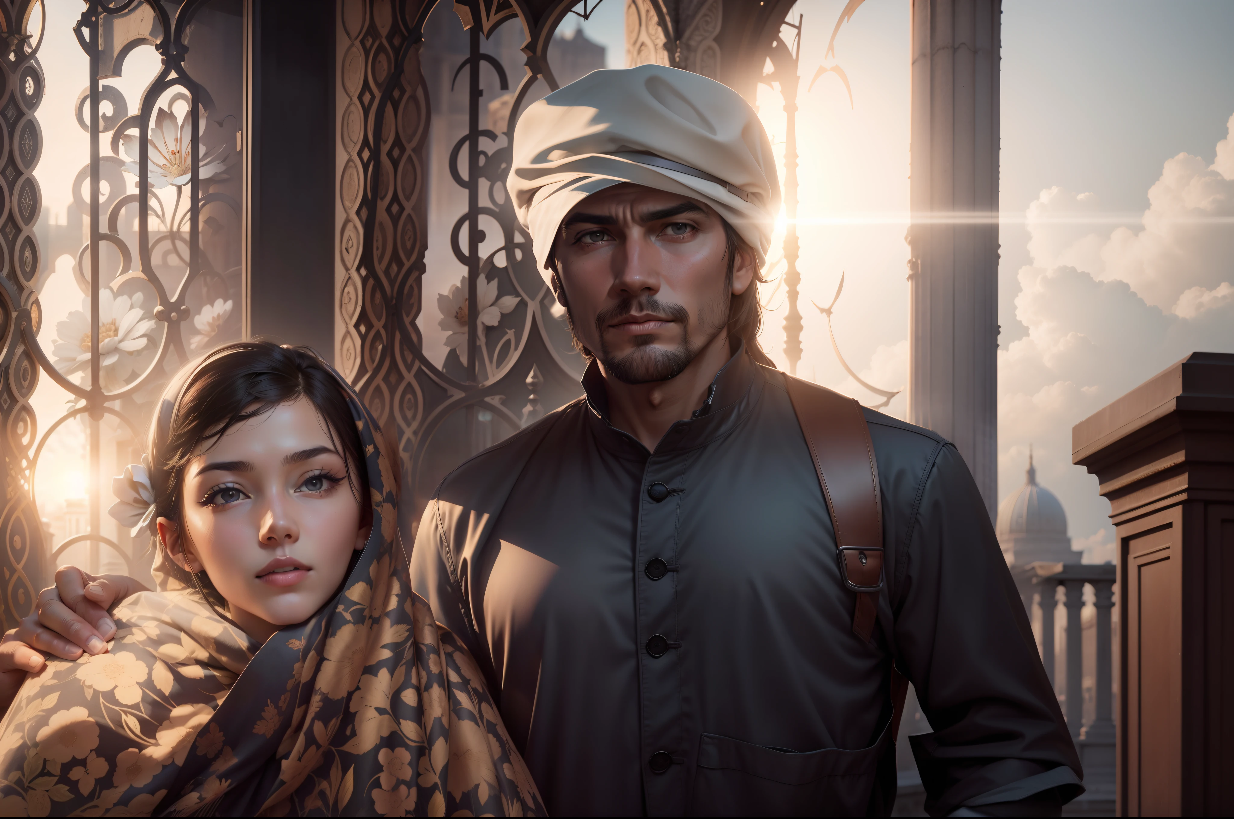 /imagem prompt (alta resolução, fotorrealista, melhor qualidade) A sad man of Bedouin origin, aparentando seus cinquenta anos, com suas vestes outrora nobre, torn and dirty and with their wives crying in their arms, A young lady with black hair and Bedouin origin, assim como ele