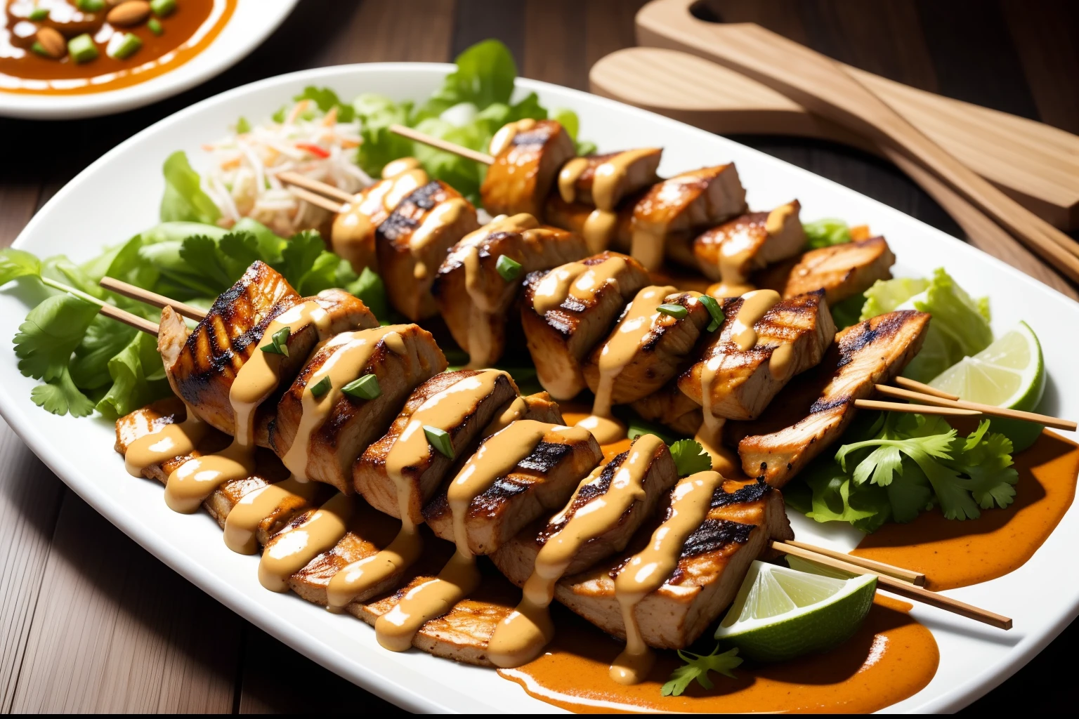 Almond butter chicken satay with Asian slaw, humble chicken thigh is chargrilled and slathered in a creamy, rich satay sauce, food photography