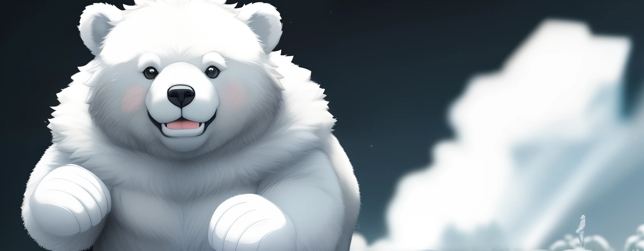 A bear walking towards the camera, a white bear, white skin, smiling, looking at viewer, wearing gloves, white backgrounds