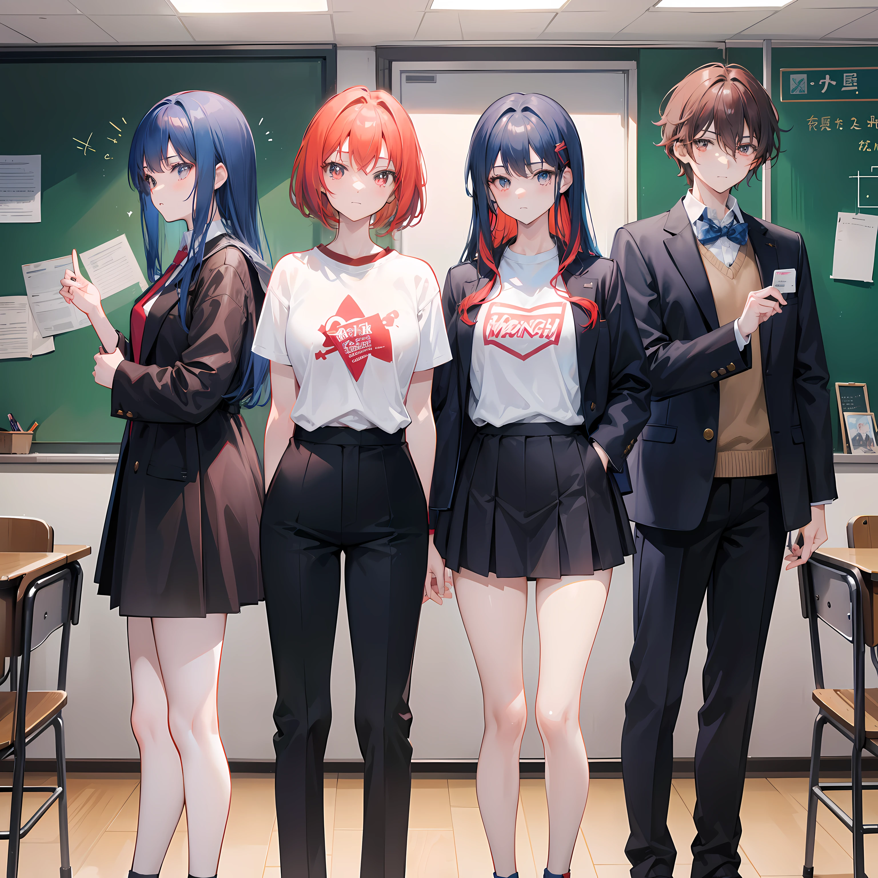 Generate an image of four anime characters, Yori, Aina, Hina, and Kimi, arguing in a classroom. Yori is cute and has a lot of attitude. She has long, beautiful black hair and is wearing a white T-shirt and dark brown leather jacket and sneakers. Aina is shy and has beautiful golden hair. She is wearing a white college shirt and dark brown college coat and tie and sneakers. Hina has red hair and is wearing a dark brown college coat. Kimi has blue hair and is wearing a white college shirt and dark brown college coat with a dark brown tie. The characters are standing in the middle of the classroom, and they are all talking and gesturing animatedly.