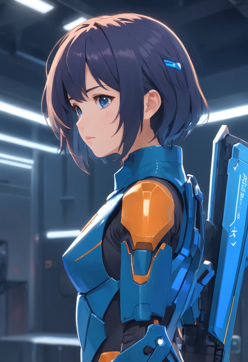 (Master Parts), (top-quality), rendered, Realistic, ultra-detailliert, face perfect, perfect bodies, 1 Tape, Beautiful Girl, Girl in dark blue armor, Mechanical Armor, exoskeleton, to stand, regal pose, Sexy, Looking from behind
