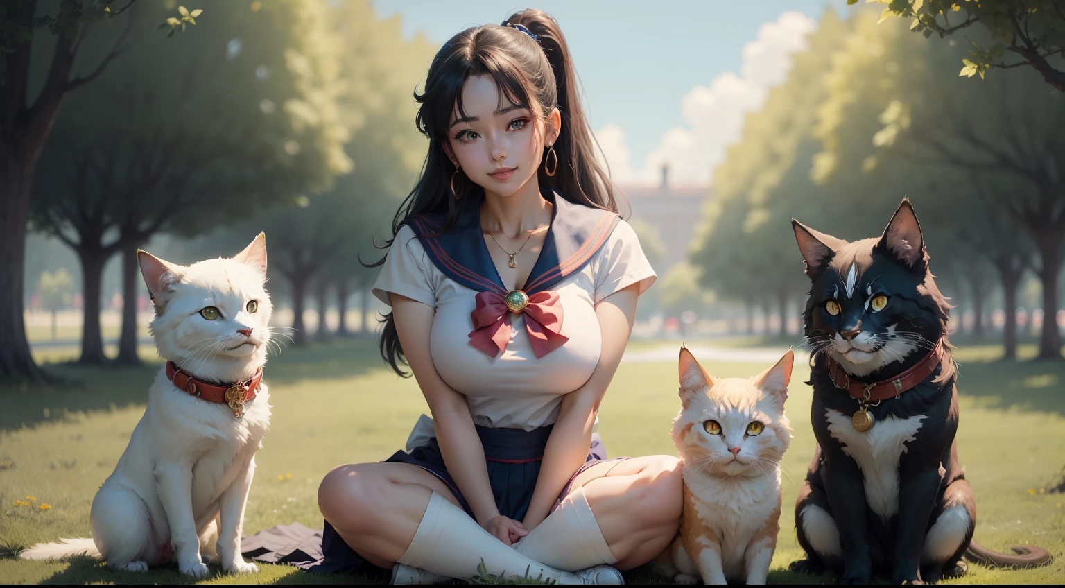 Extremely detailed portrait of sailor moon 1 big breasted girl smiling, sitting straight towards the camara on green grass, flanked by children, color digital painting, high detail, technical painting digital, artstation, intricate, sharp focus, warm lighting, engaging, high quality, masterpiece, award winning art, art by Yoshitaka Amano and Brian Froud, trending on artstation, trending on deviantart, Anime Key Visual, anime coloring, (anime screencap:1.2),(Graphic Novel),(style of anime:1.3), trending on CGSociety