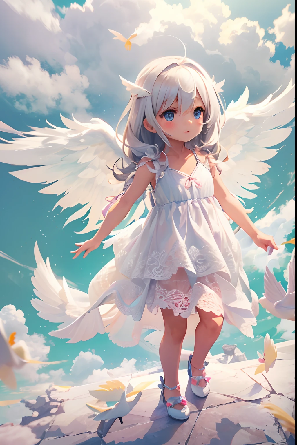 3D style, Cute little girl with angel wings, White lace dress,Crystal shoes,Fly through the clouds on a sunny day