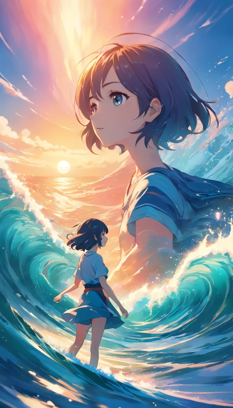 Pintura de um golfinho nadando no oceano colorido, Look up at the composition, Living waters and whales from the sky, inspirado em Cyril Rolando, dreamy psychedelic anime, fundo colorido do filme anime, a beautiful artwork illustration, autor:Shitao, arte conceitual colorida, Makoto Shinkai Cirilo Rolando, ao estilo de Cyril Rolando, Baleia voadora, Aquarela altamente detalhada 8K, Aquarela altamente detalhada 8 K,octano,Fim,Realistic,8k,Estilo Makoto Shinkai( Reasonable design, linhas claras, Alta nitidez,best quality, Very detailed, master part, Efeito de luz do filme, 4k ) ((Woman in the middle of the sea splitting the waves) , (split the sea) , (the ocean split)