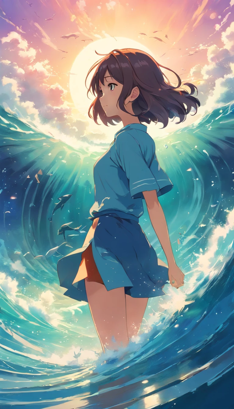 Pintura de um golfinho nadando no oceano colorido, Look up at the composition, Living waters and whales from the sky, inspirado em Cyril Rolando, dreamy psychedelic anime, fundo colorido do filme anime, a beautiful artwork illustration, autor:Shitao, arte conceitual colorida, Makoto Shinkai Cirilo Rolando, ao estilo de Cyril Rolando, Baleia voadora, Aquarela altamente detalhada 8K, Aquarela altamente detalhada 8 K,octano,Fim,Realistic,8k,Estilo Makoto Shinkai( Reasonable design, linhas claras, Alta nitidez,best quality, Very detailed, master part, Efeito de luz do filme, 4k ) ((Woman in the middle of the sea splitting the waves) , (split the sea) , (the ocean split)