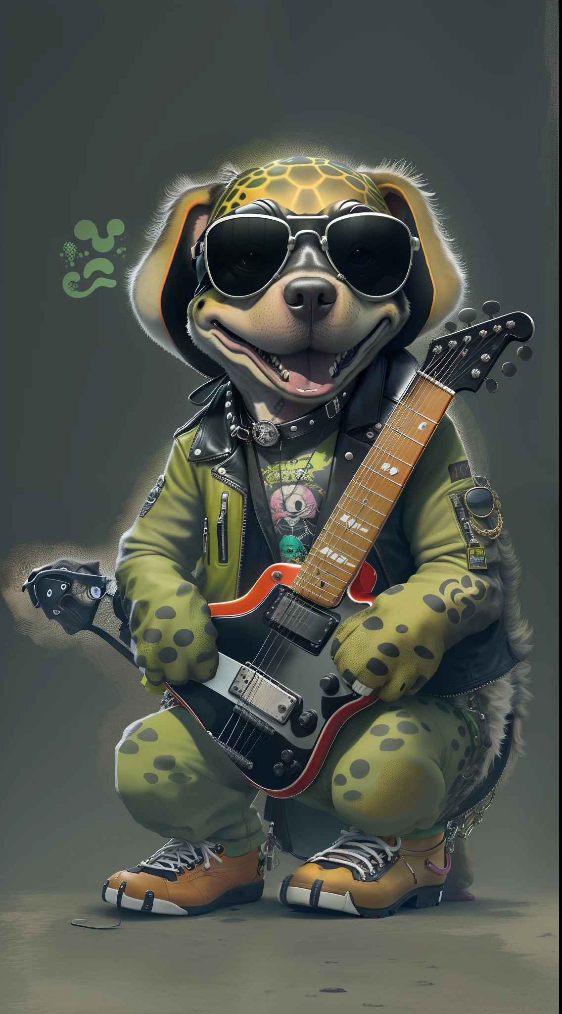 (1 dog （anthropomorphic turtle，））wearing a choker，with tattoos, sunglasses, Black leather jacket,（black glove)，guitar，Psychedelic punk artist