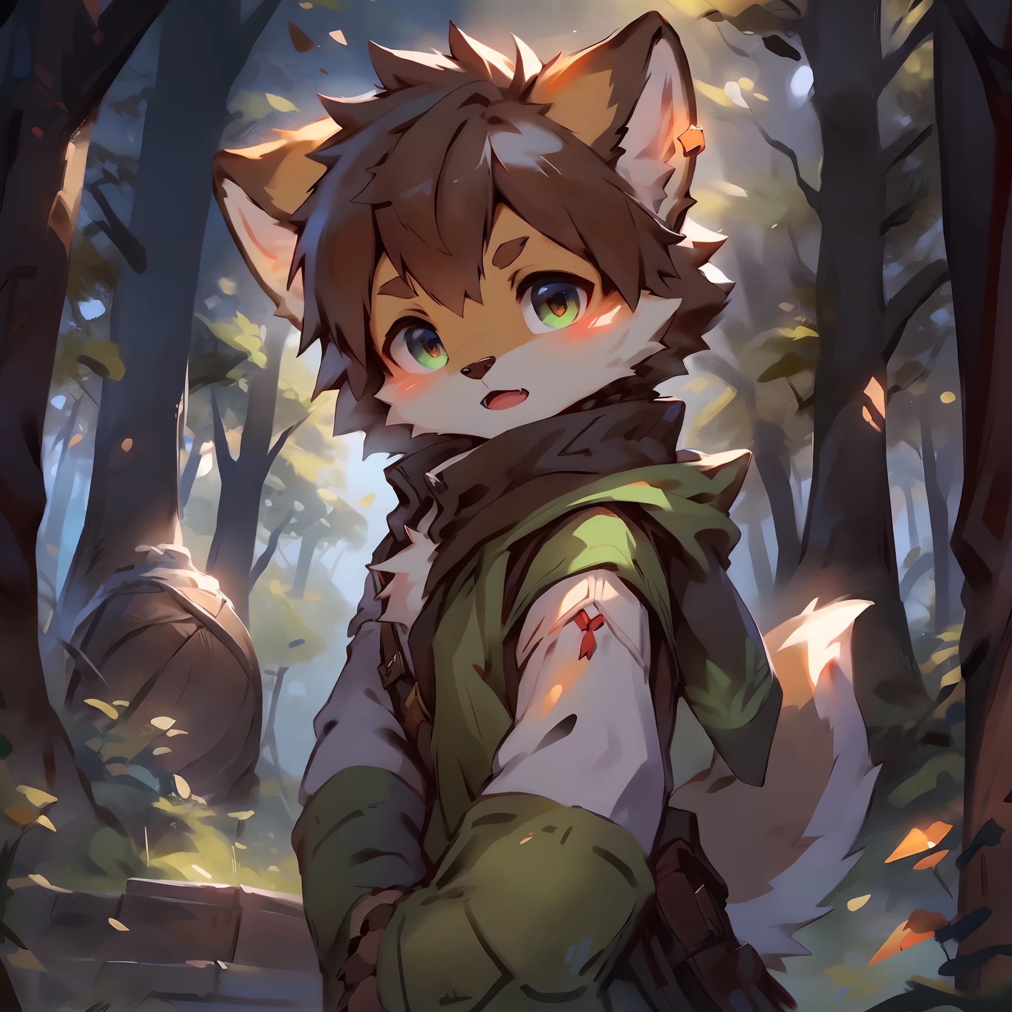 A curious male fox cub pokes its head out of a cozy fox den in the forest. He has orange fur, bushy tail, Cheer up your big furry ears. He wears the green adventurer's hat and scarf. His eyes were bright and surprised as he looked at the study in the dense woods。。。, with a sunbeam coming through the trees. Small birds fly nearby,A deer passed by in the distance. The fox cub was excited, Express wishes, Get ready to explore the outside world.
break
anthropology,Furry,feral,(Digital media \(artwork of a\):1.2),(hi,It's nothing,absurd res:1.2),Perfect anatomy,Anatomically correct,Detailed,Detailed face,Detailed eyes,(Realistic fur,Detailed fur:1.25),Detailed background,amazing background.
Break
(author:Puinki \(artist\):1.2),(author:Unreal Land,author:Sumi Kuroi,author:Milk Tiger 1145,author:Morkey,author:Emolga 1,Through oocysts:1.2),(author:Xia Huaiting:0.8),(by Pino Daeni:0.8),(author:Hios Hiru:0.8),(by Chunie:0.8).