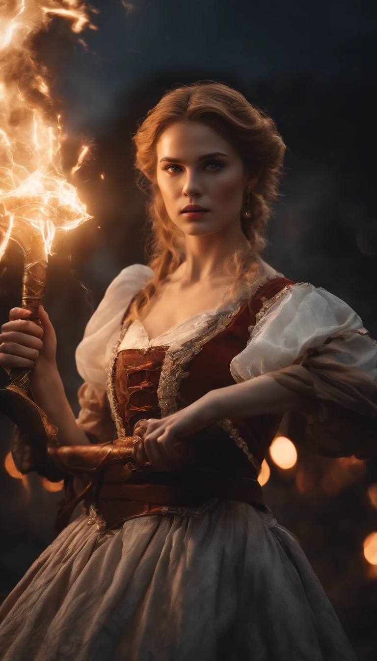 On the battlefield of the storm, A woman dressed in a ta costume wields a weapon infused with the power of the fire element.( Lightning danced beside her), Echoing the strength of her determination,Because she embodies the power of the forces of nature in battle.offcial art, 8k wallpaper, Ultra detailed, Beautiful and aesthetic, Beautiful, Masterpiece, Best quality,(Focus on thighs up),Clear face,Eyes detailed,(Wind,Fluttering strands of hair,Flowing skirt),