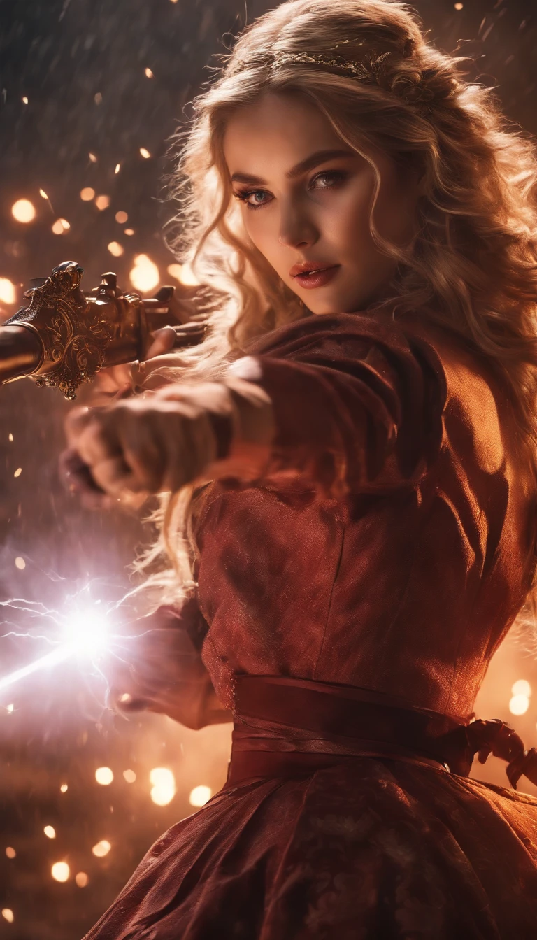 On the battlefield of the storm, A woman dressed in a ta costume wields a weapon infused with the power of the fire element.( Lightning danced beside her), Echoing the strength of her determination,Because she embodies the power of the forces of nature in battle.offcial art, 8k wallpaper, Ultra detailed, Beautiful and aesthetic, Beautiful, Masterpiece, Best quality,(Focus on thighs up),Clear face,Eyes detailed,(Wind,Fluttering strands of hair,Flowing skirt),