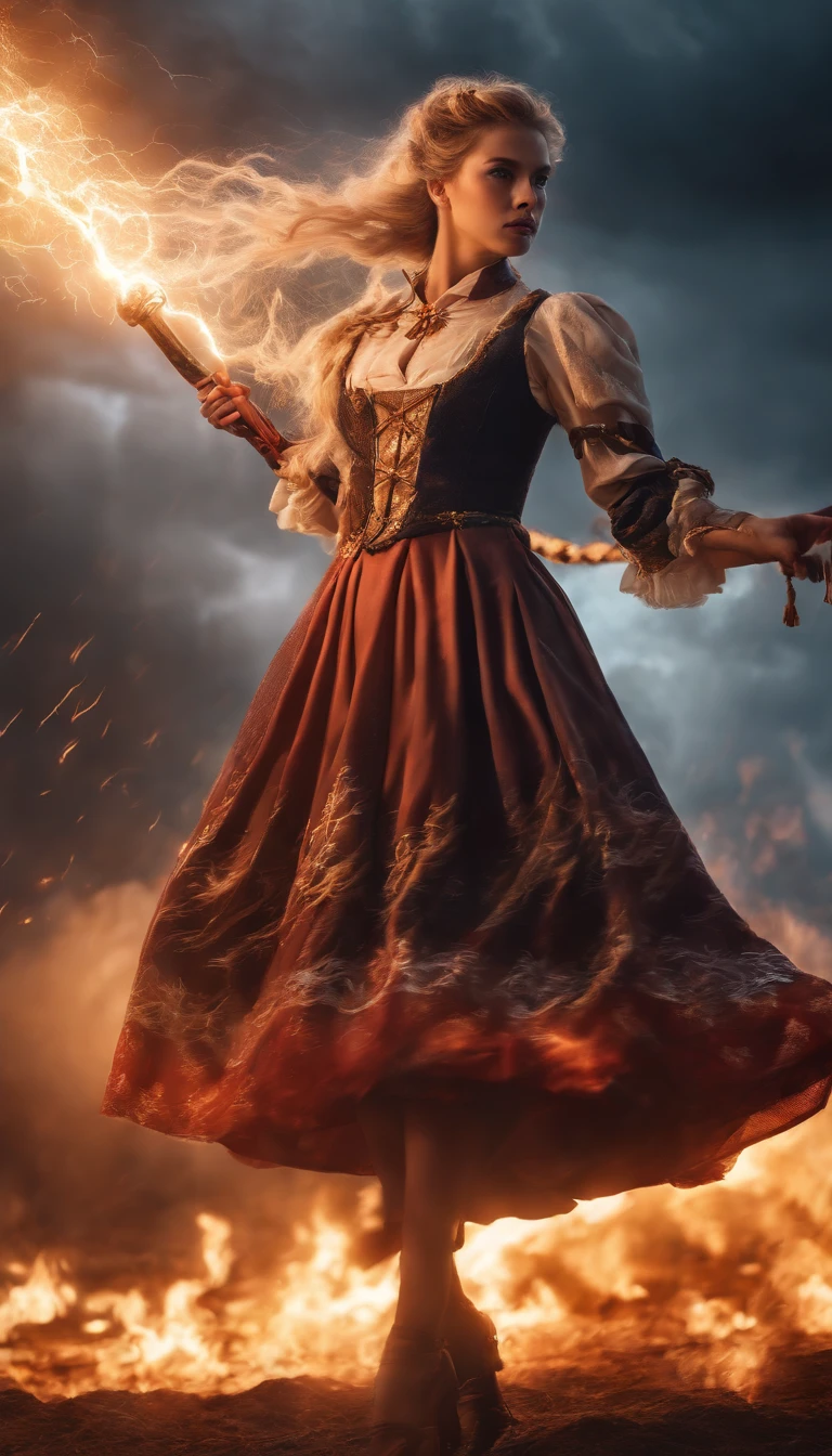 On the battlefield of the storm, A woman dressed in a Lolita costume wields a weapon infused with the power of the fire element.( Lightning danced beside her), Echoing the strength of her determination,Because she embodies the power of the forces of nature in battle.offcial art, 8k wallpaper, Ultra detailed, Beautiful and aesthetic, Beautiful, Masterpiece, Best quality,(Focus on thighs up),Clear face,Eyes detailed,(Wind,Fluttering strands of hair,Flowing skirt),