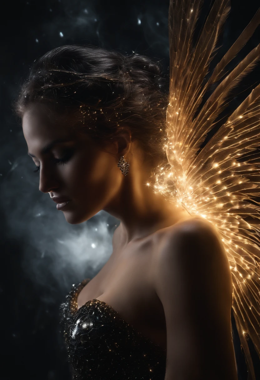 cosmic fallen angel, olhos claros brilhantes, Demonic, estranho, assustador, Pesadelo, cores muito brilhantes, light particles, com luz brilhante, Mshiff, Arte do papel de parede, Papel de parede UHD, luz negra, usando um manto negro, black particles coming out of your body, corpo forte e malhado, corpulento, cabelos negros, black smoke, asas negras