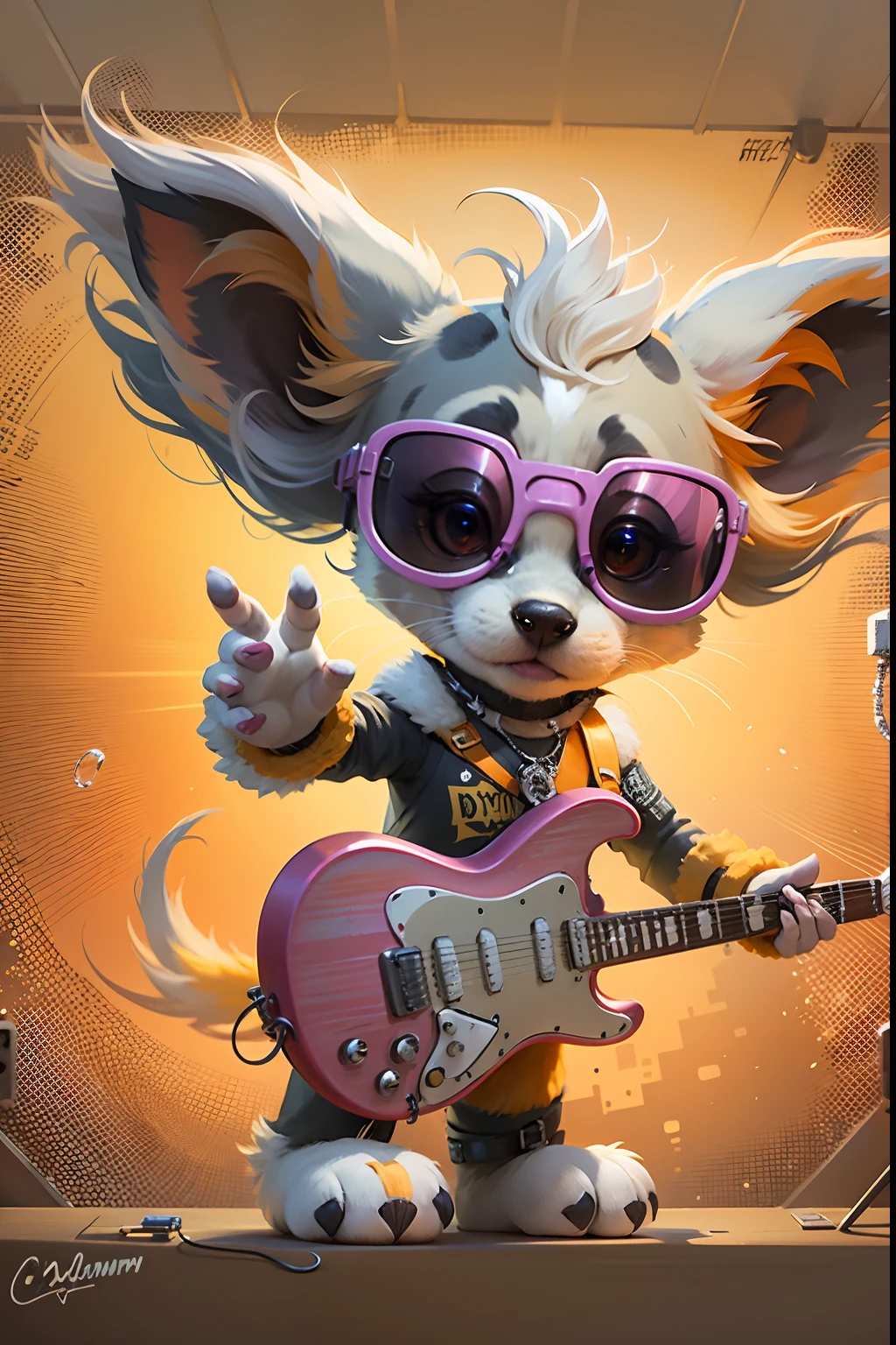 Rock puppy，Wearing sunglasses，holding guitars，Rock music，DJ，Cool stage，Let the rhythm and energy of a particular genre or song inspire your creation. Use bold strokes, splash of color, and dynamic forms，Transform the essence of music into a canvas. Cadmium yellow experiment, Magenta, The titanium white tone evokes the emotions and feelings that music can evoke, top-quality， single focal， 复杂 （the detail： 1.1） unreal-engine，tmasterpiece， （ultra - detailed），