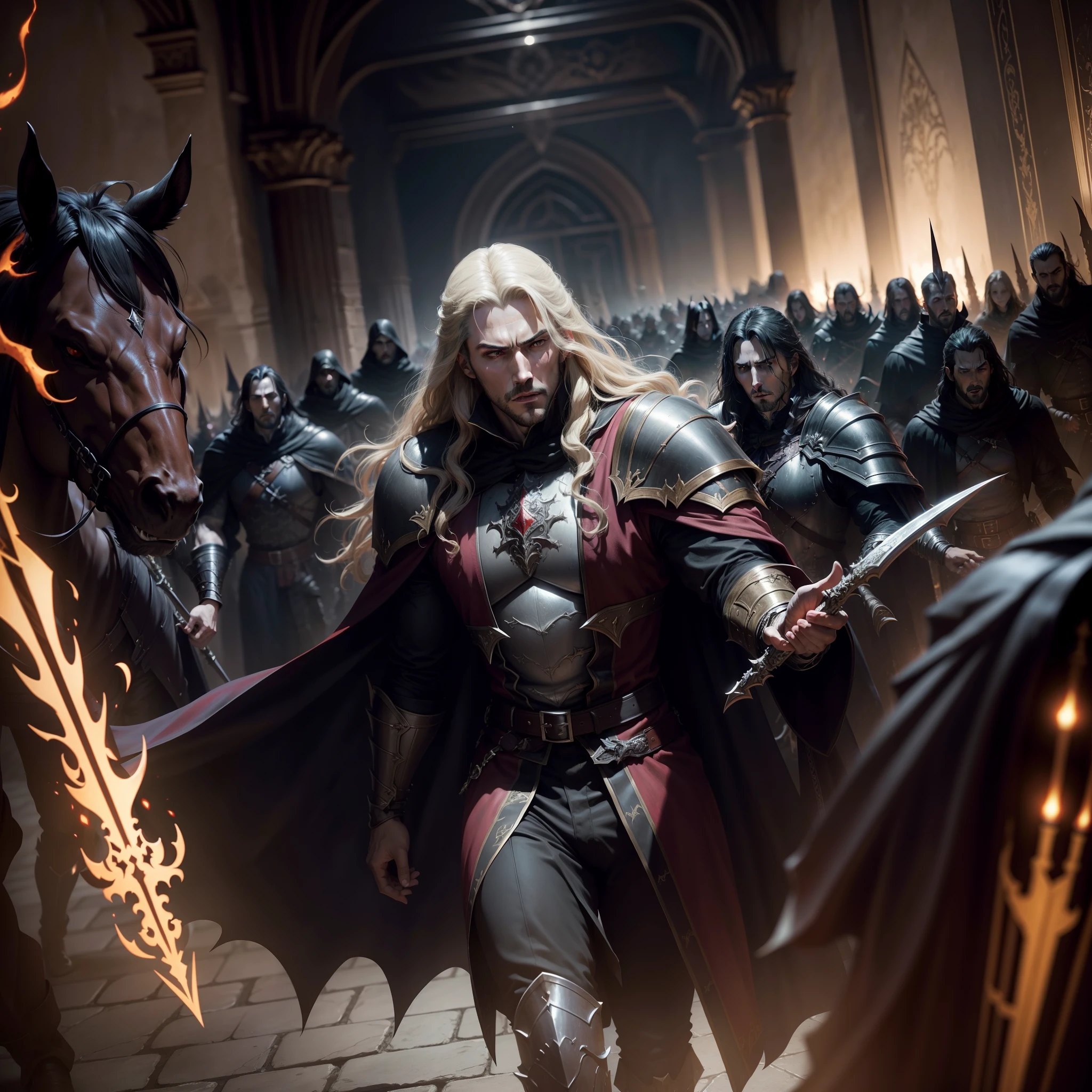 Castlevania Lord of the shadows hyper realistic super detailed Dynamic shot master piece scene cinématique movie sharp détails of Lord Dracula leading troops army of demons to battle War hyper realistic super detailed
