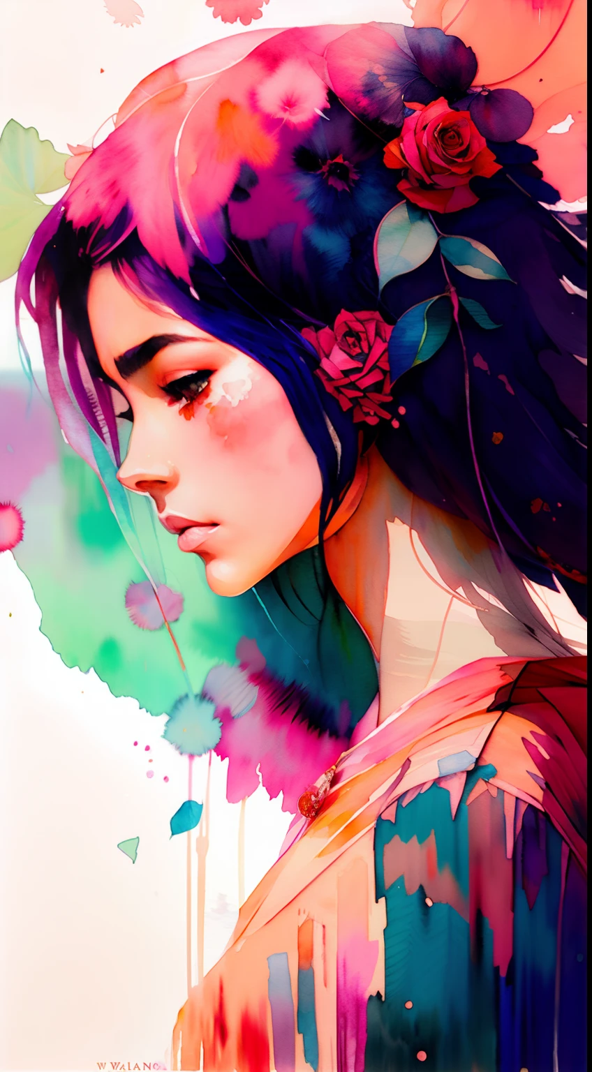 wtrcolor style, (rose) digital art, official art, blown by the wind, masterpiece, beautiful, ((watercolor)), paint splatter, intricate detail. Great detail, [dripping:0.7], Trending on Artstation, Rachel Walker