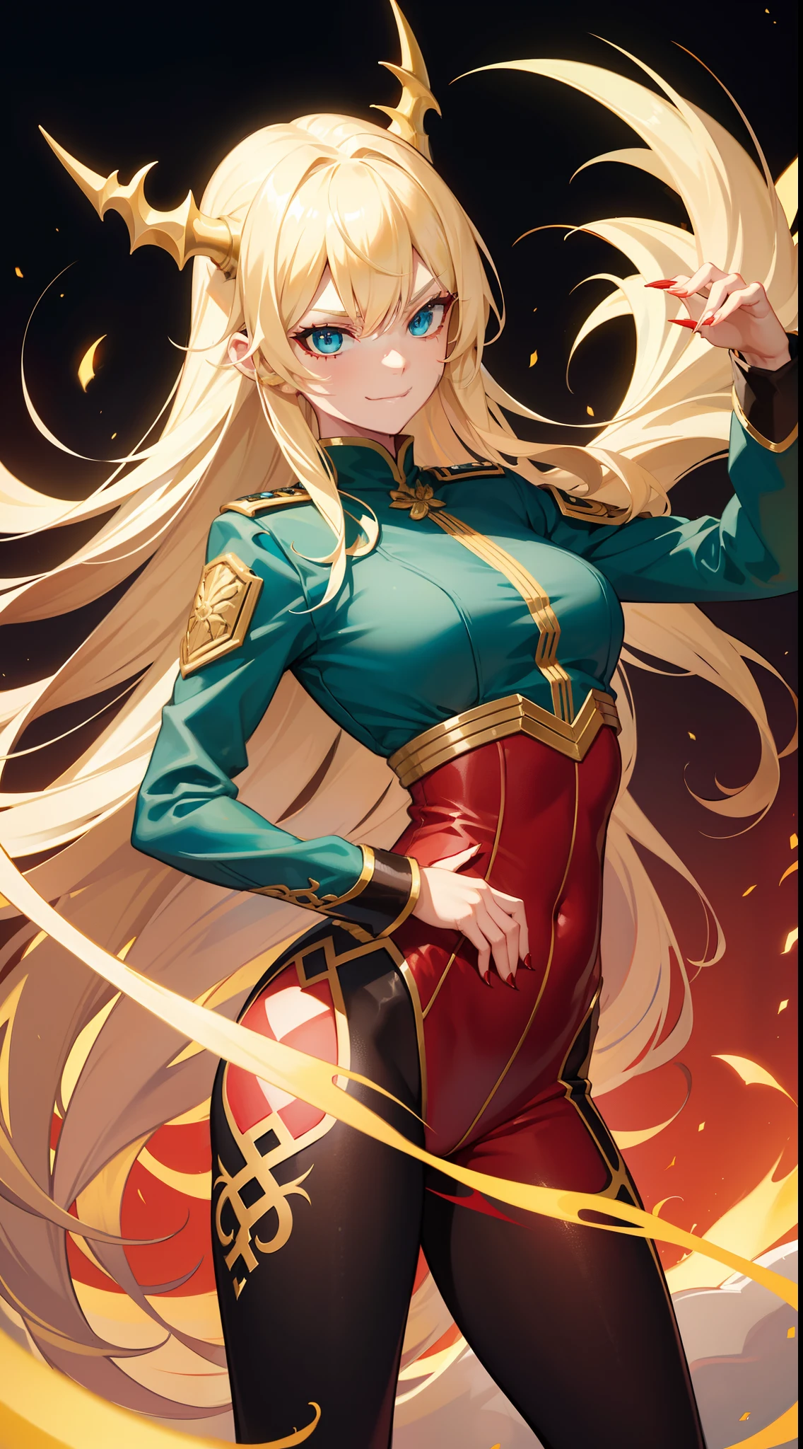 young girl, long blonde hair, barrette, turquoise eyes, dragon tattoo, red tight uniform, Gold Elements, open hips, claws, smirk, Masterpiece, hiquality, 4k, HD, Good detail